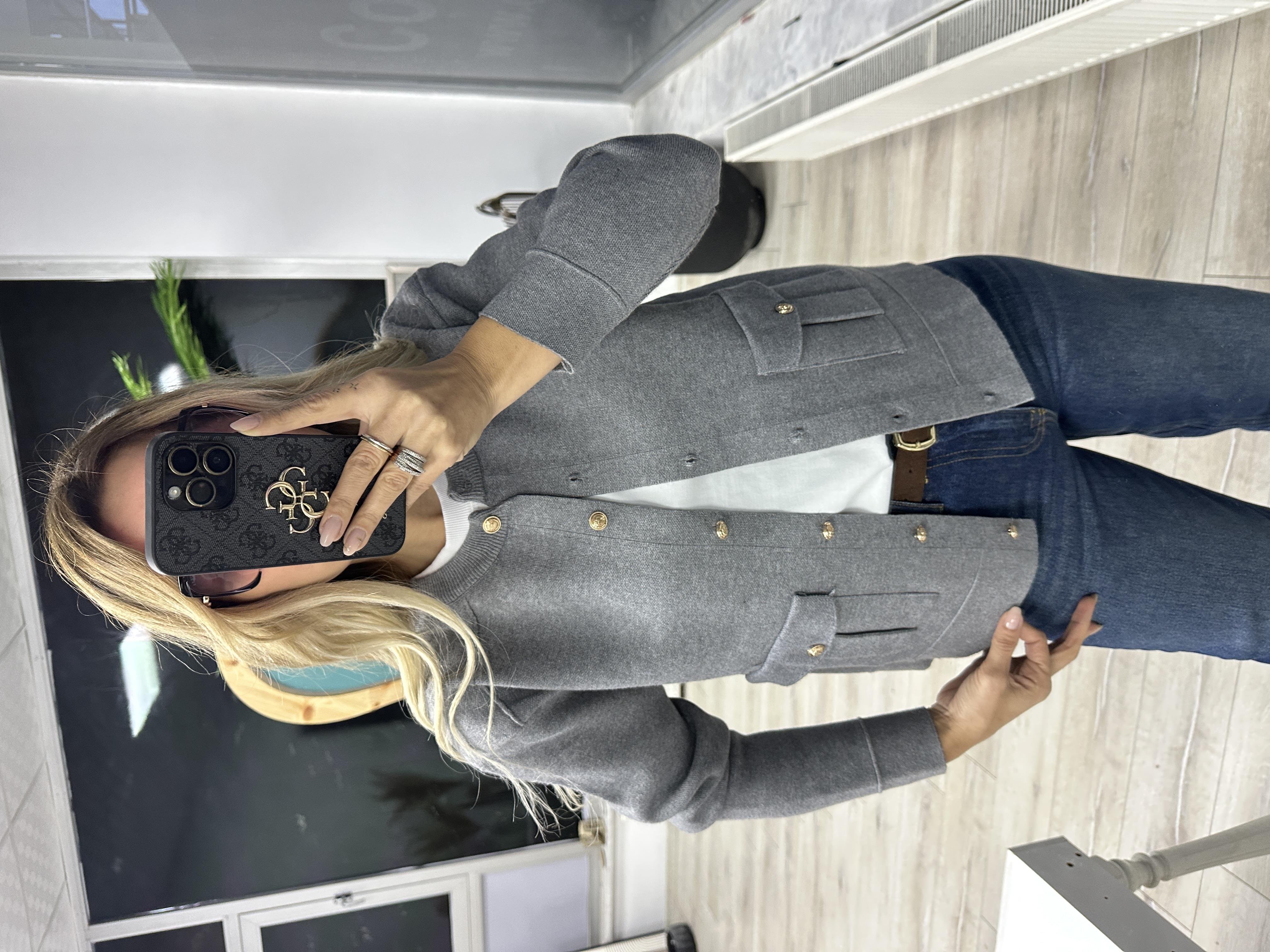 Gri Düğme Detaylı Çelik Triko Hırka