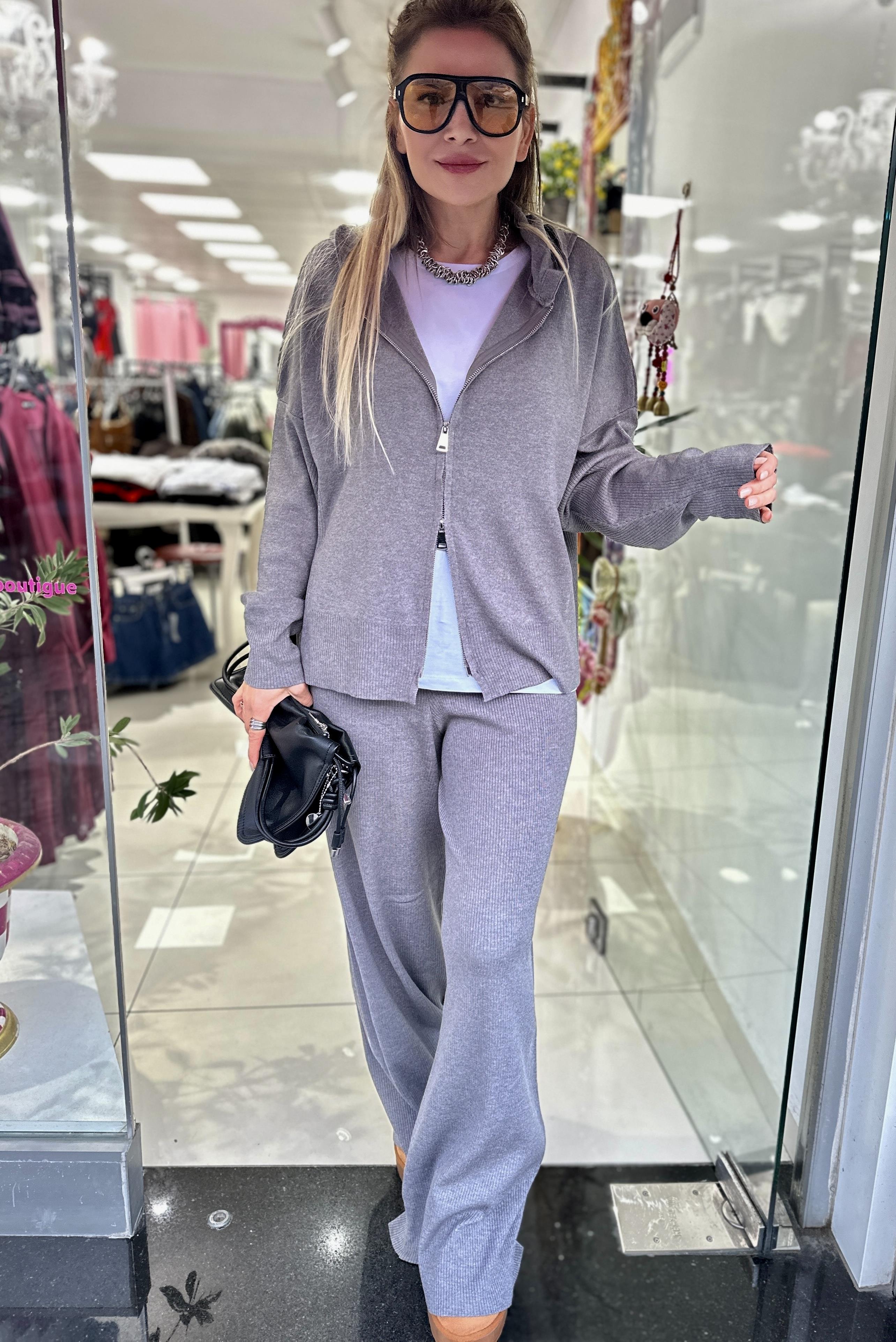Gri Hırka Pantolon Triko Takım 