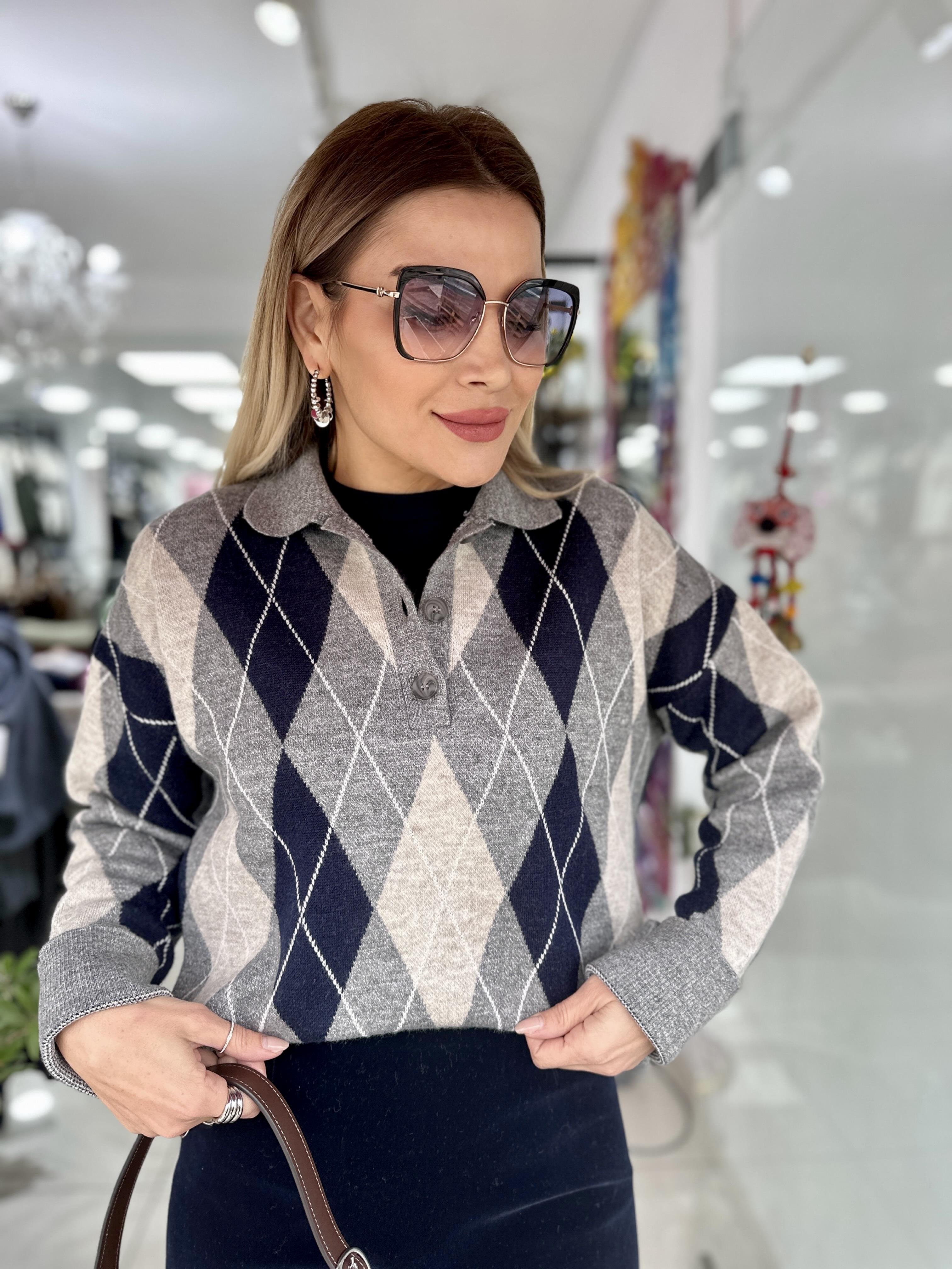 Gri Lacivert Baklava Desenli Kazak 