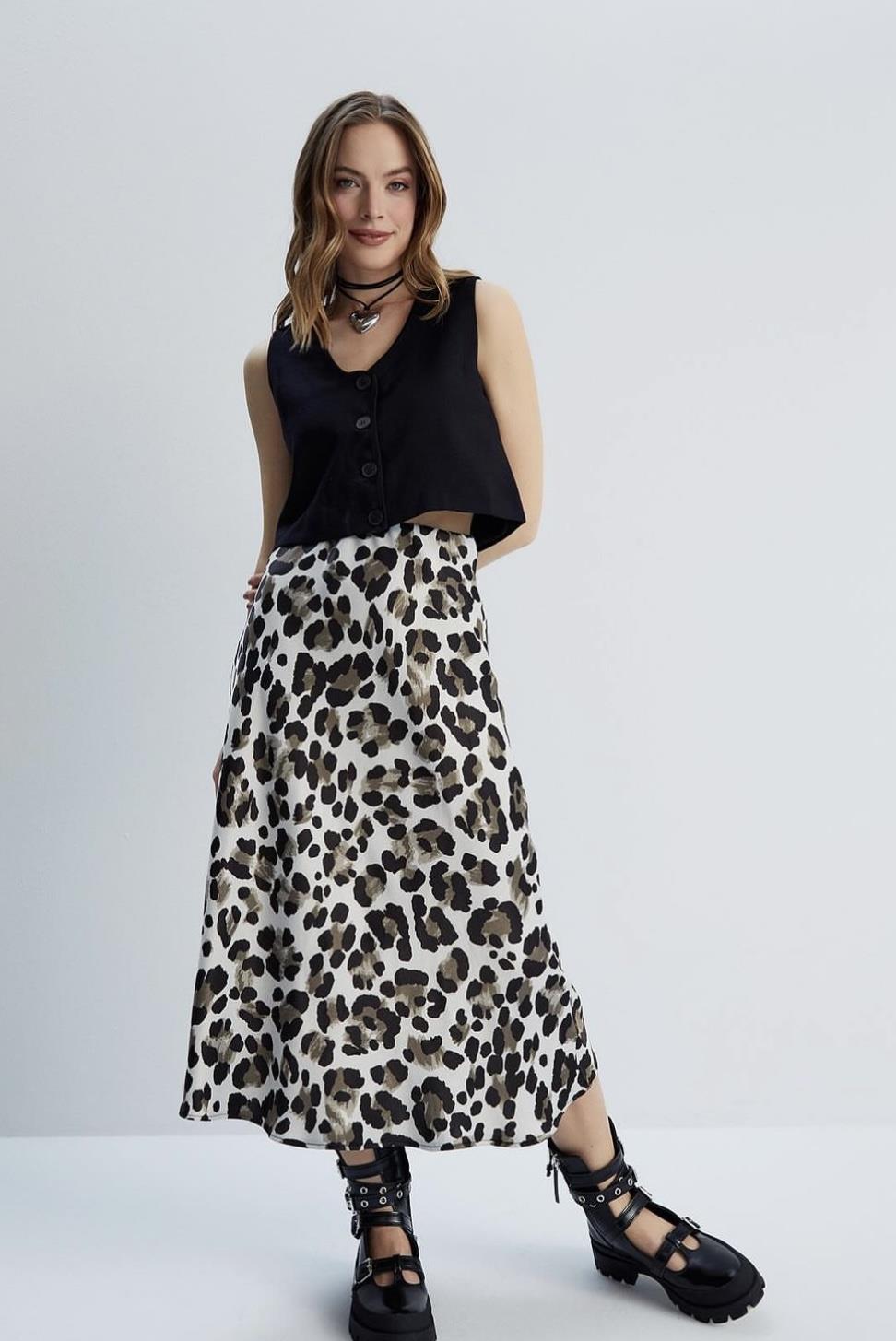 Gri Leopar Desenli Saten Etek 