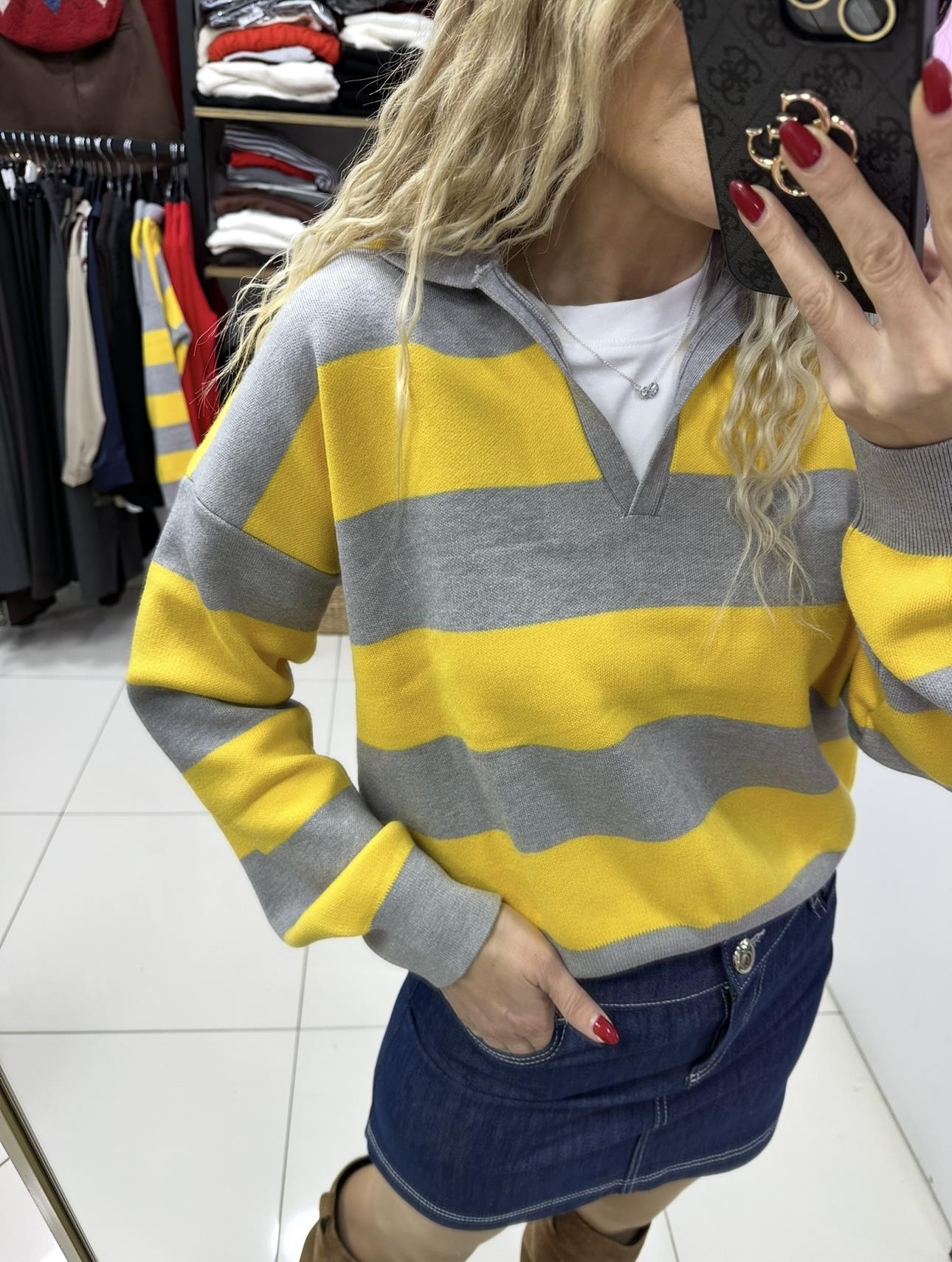 Gri Sarı Çizgili Triko 