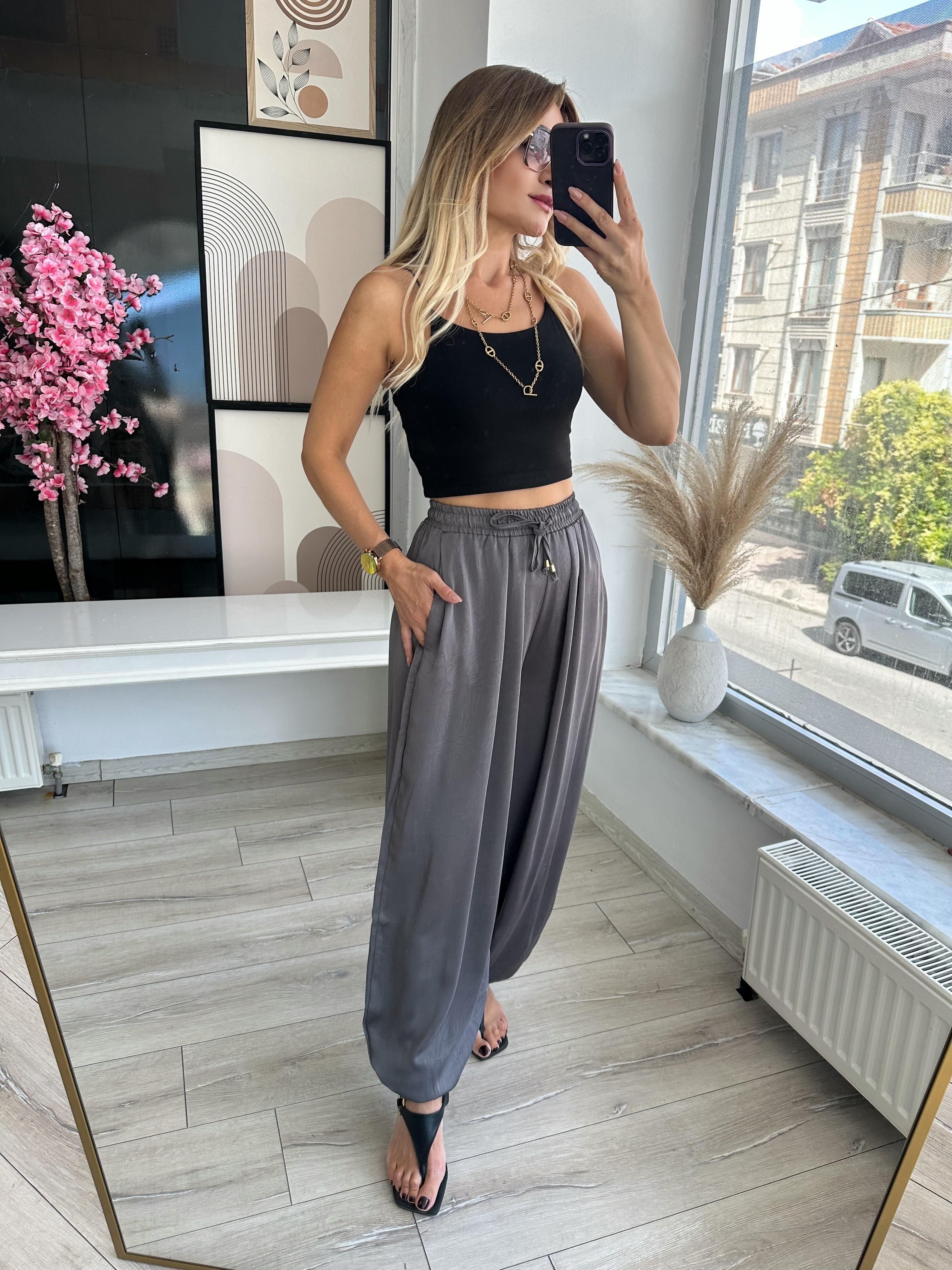 Gri Saten Şalvar Pantolon 