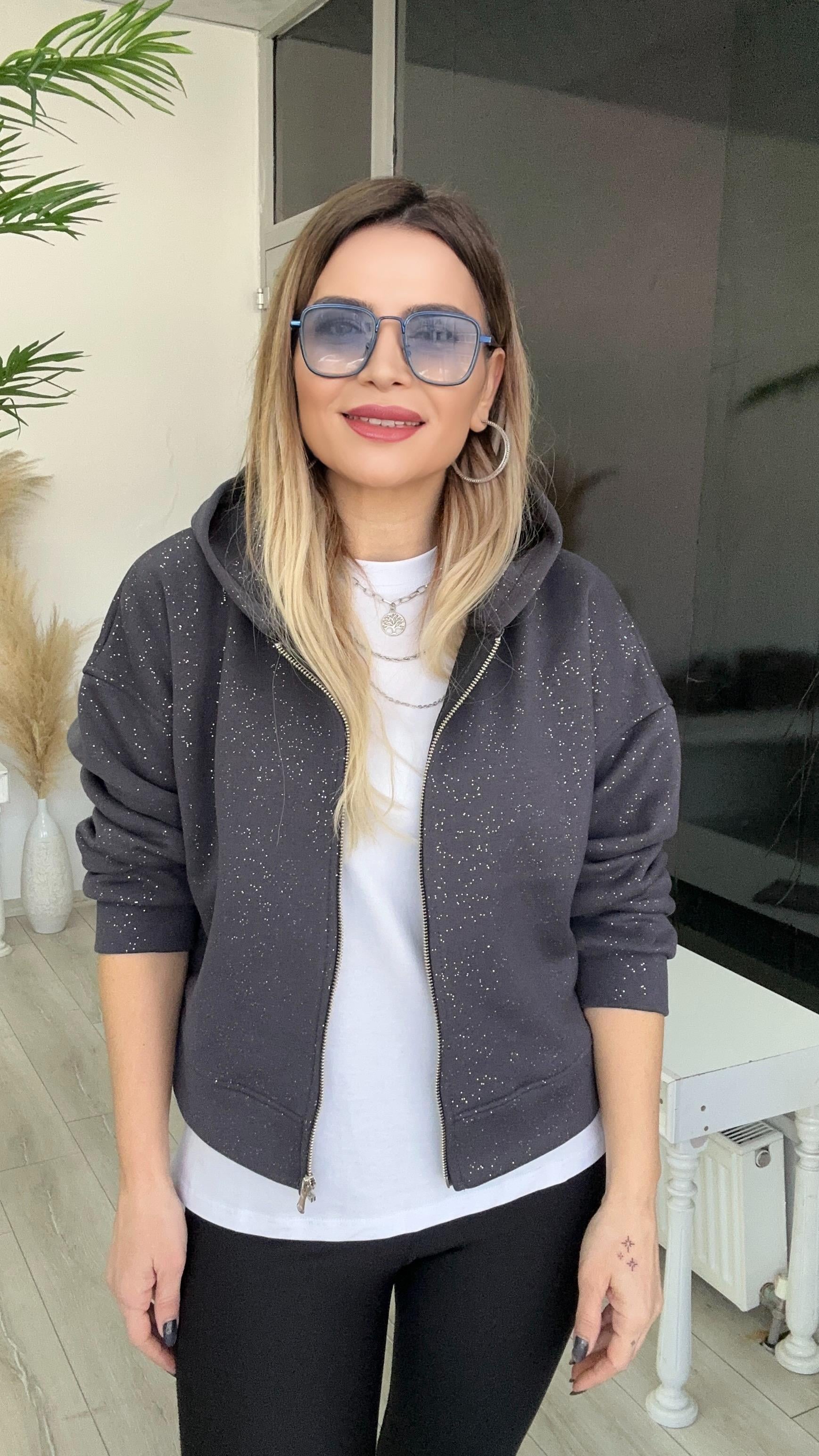 Gri Simli Fermuarlı Sweat