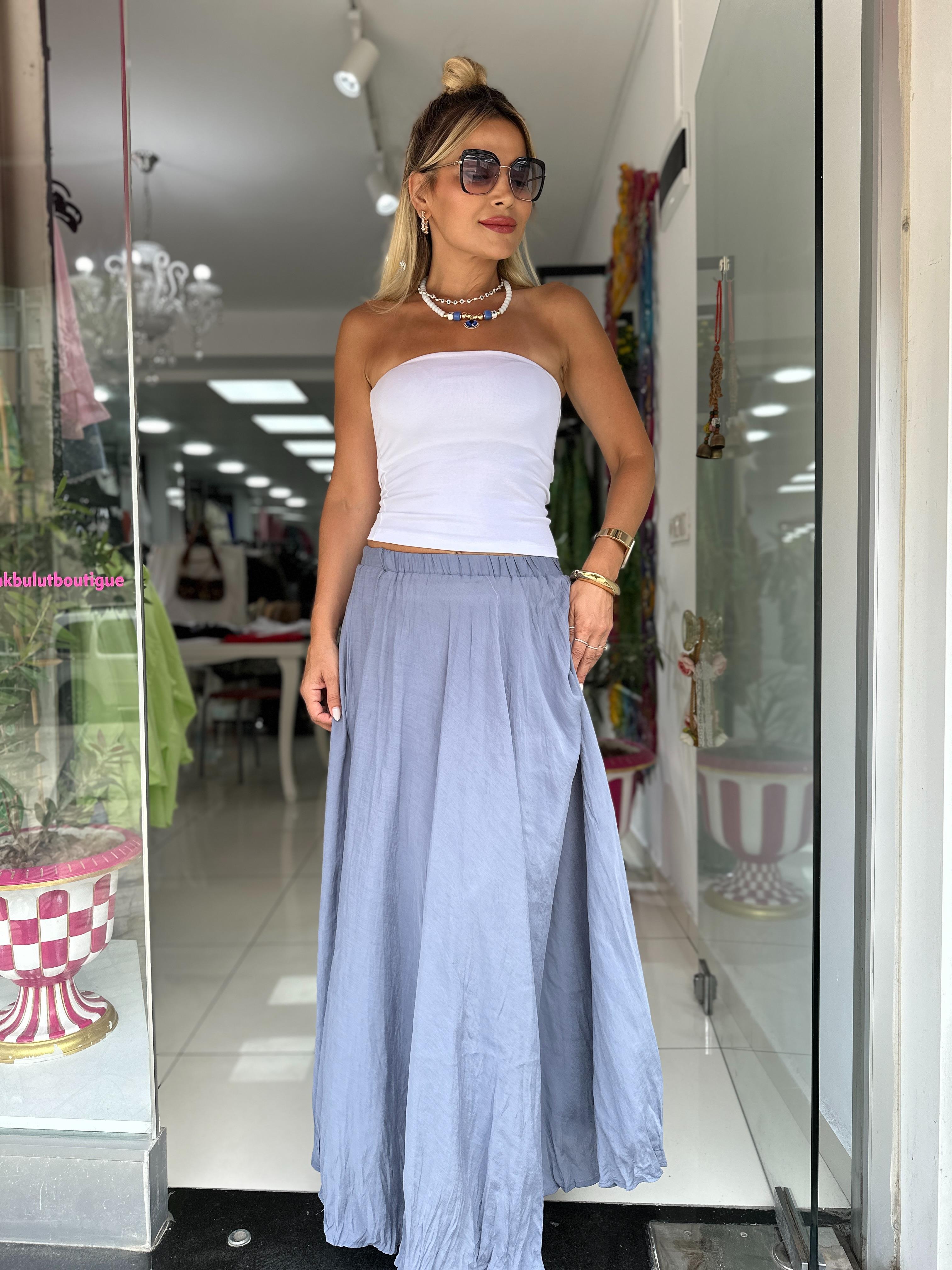 Gri Tensel Beli Lastikli Etek 