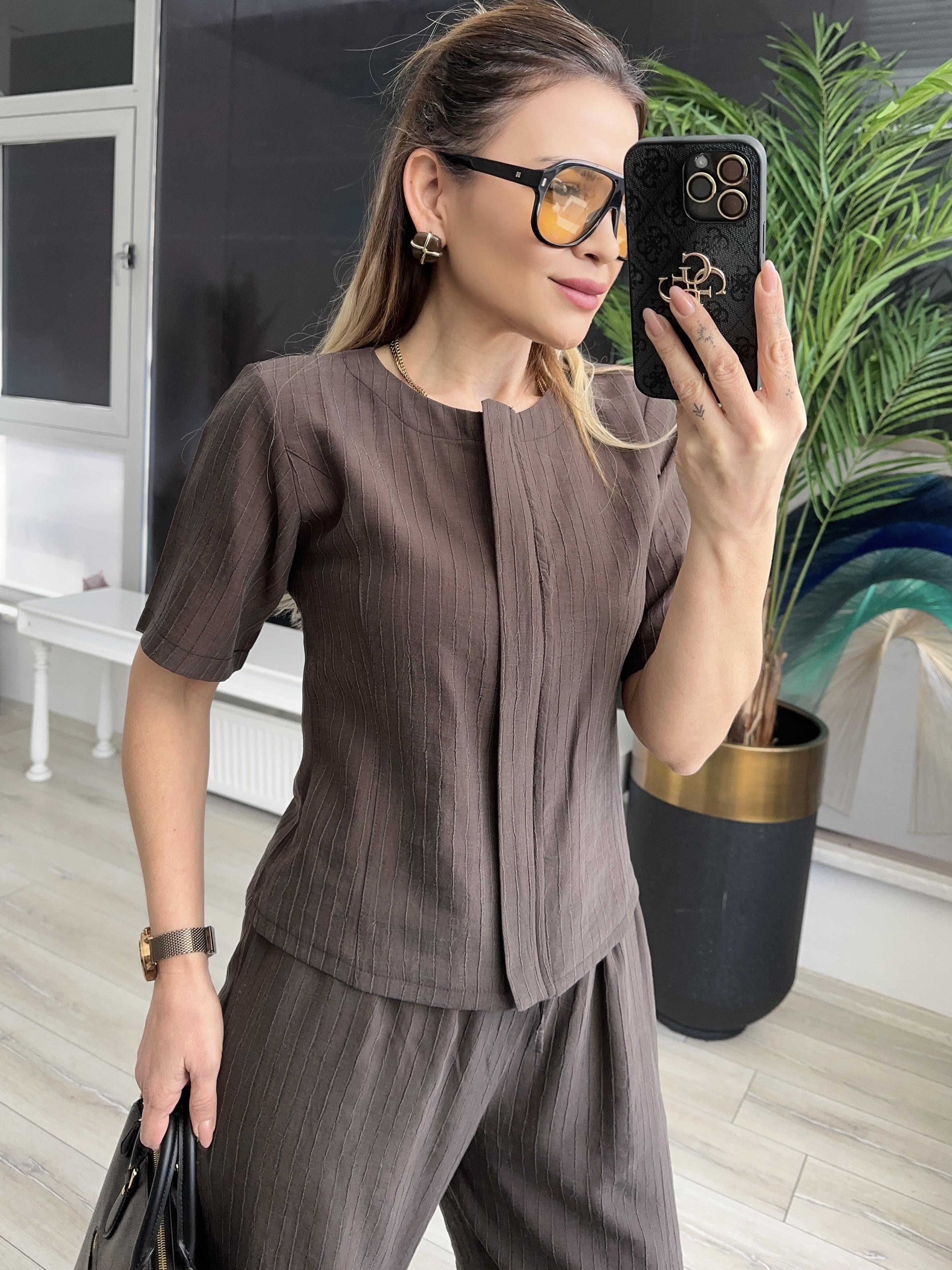 Haki Çizgili Bluz Pantolon Takım 