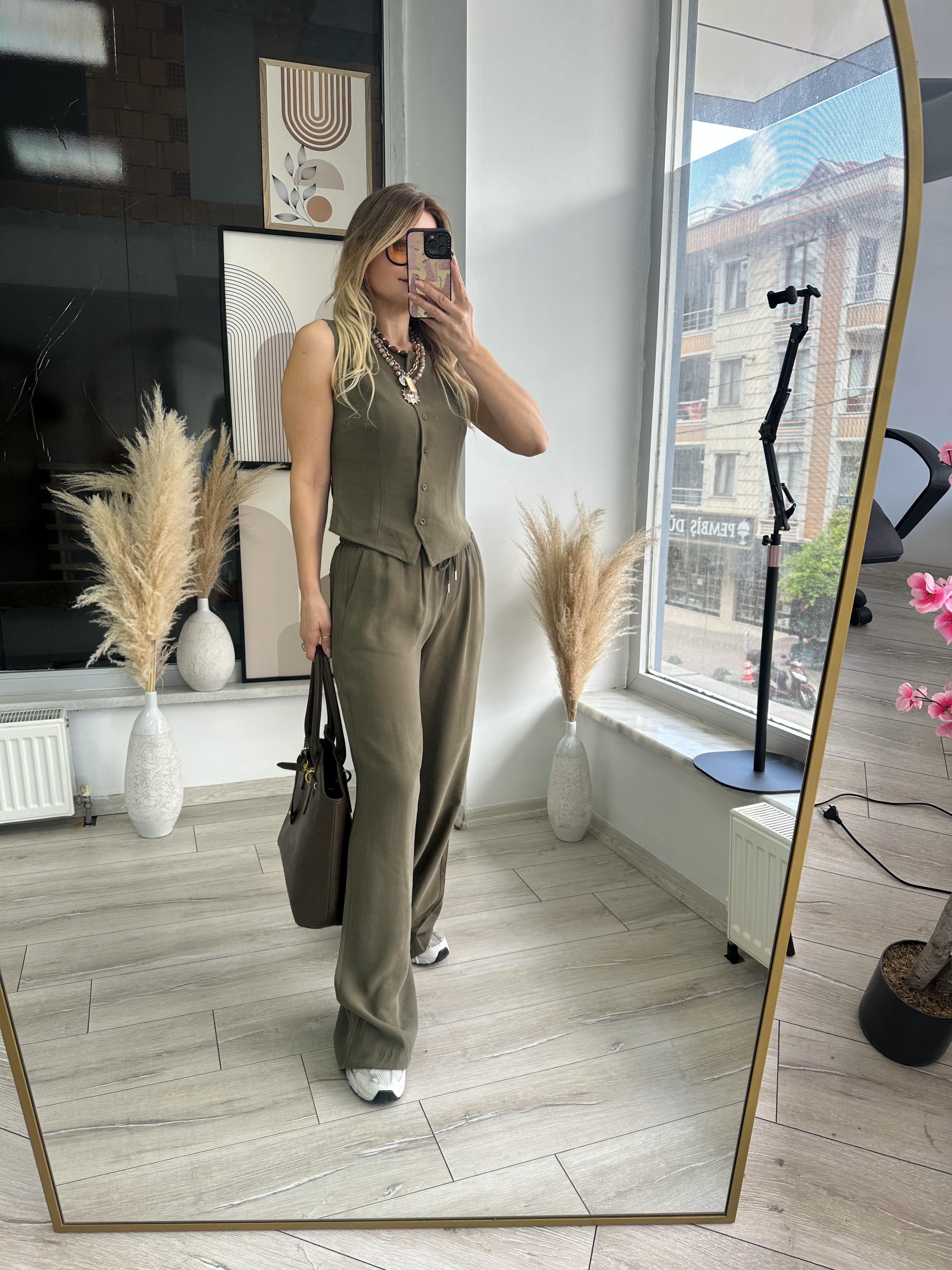 Haki Dokuma Kumaş Yelek Pantolon Takım