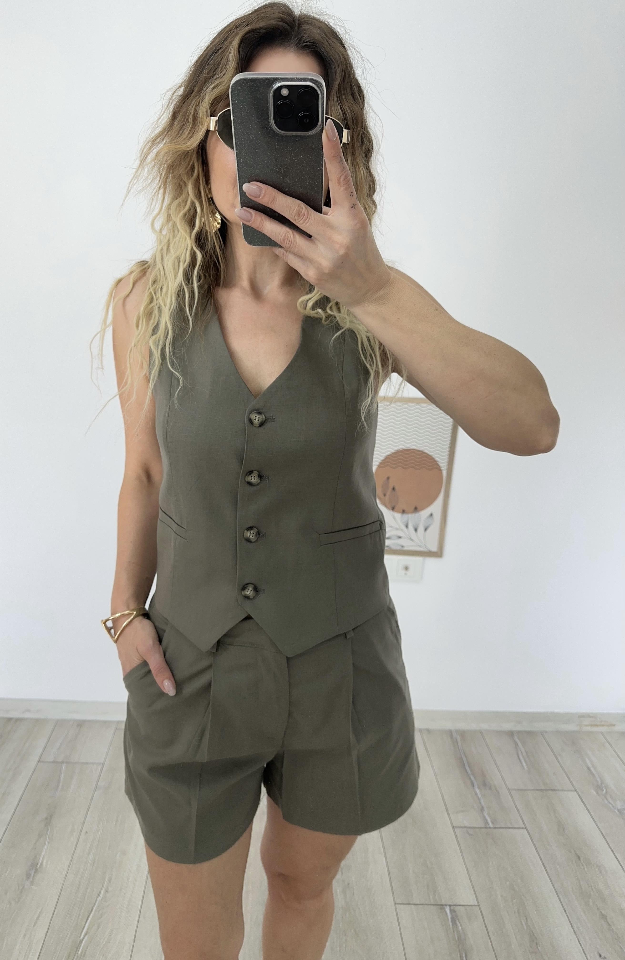 Haki Keten Yelek Şort Takım