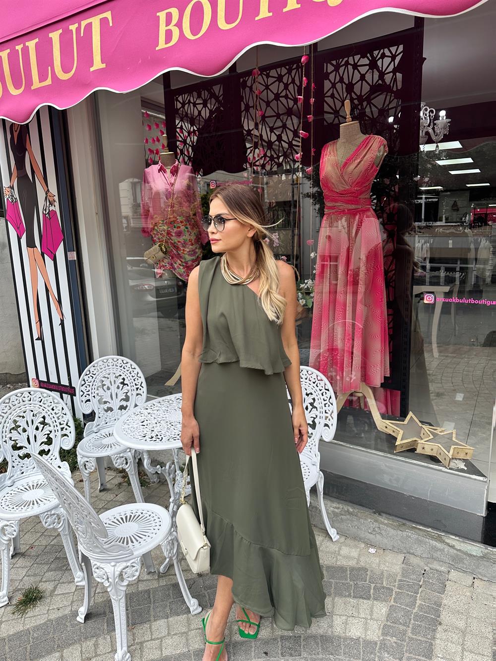 Haki Tek Kol Şifon Elbise