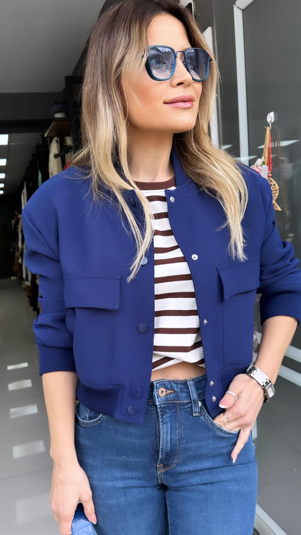 HF Lacivert Cepli Bomber Ceket