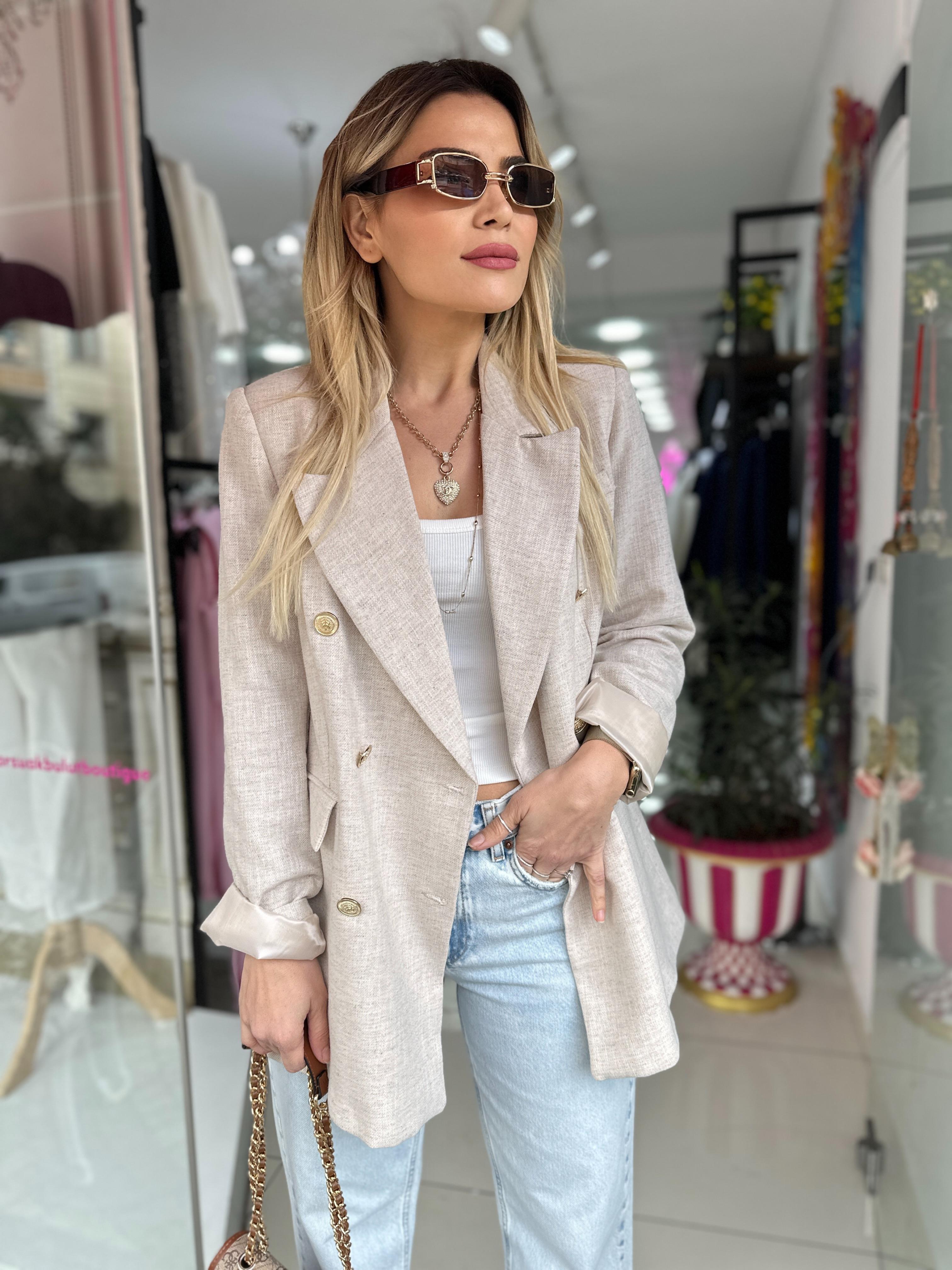 HYL Bej Ham Keten Düğme Detay Blazer