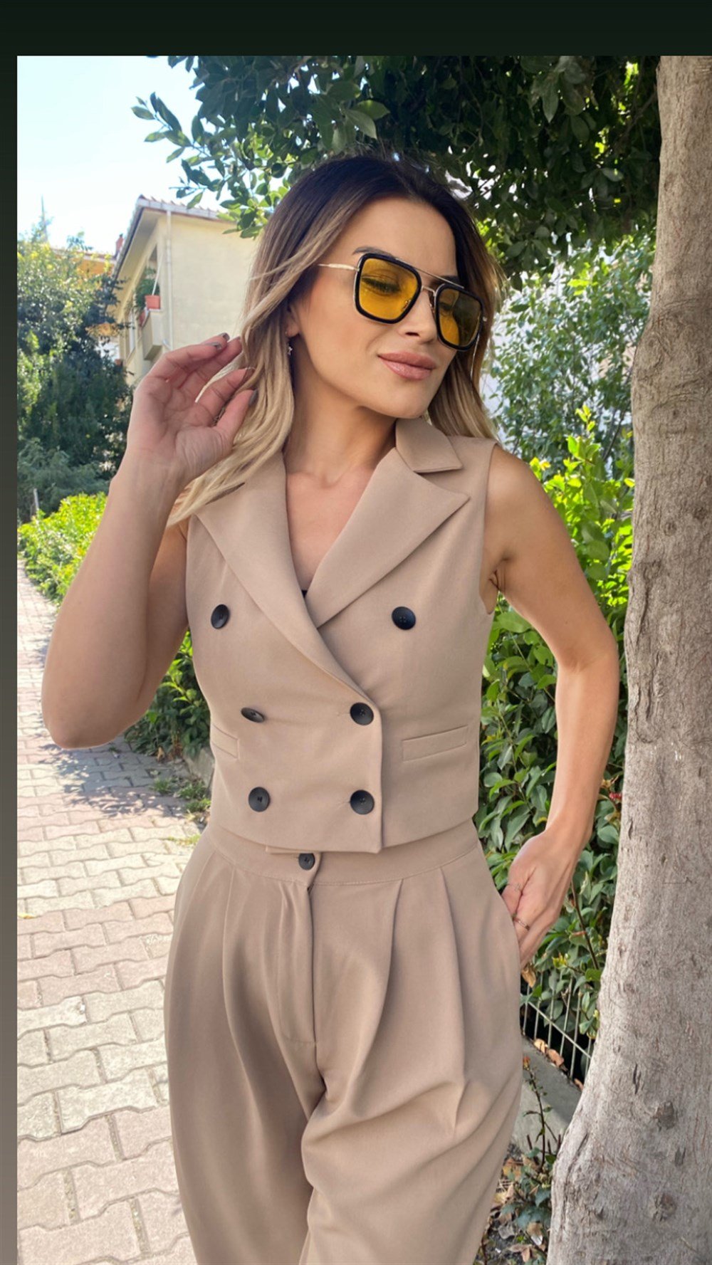 HYL Yelekli Bej Takım