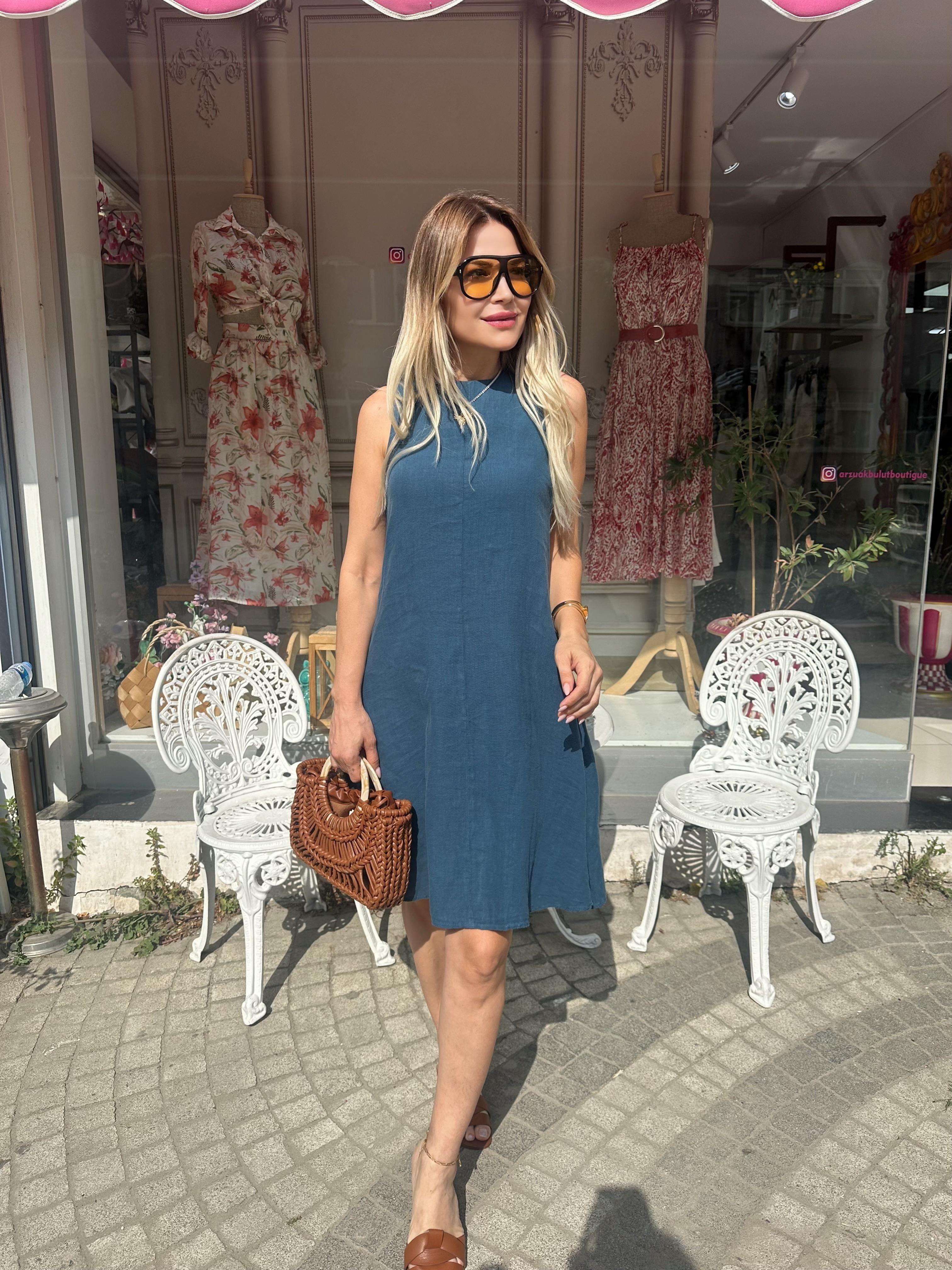 İndigo Keten Elbise