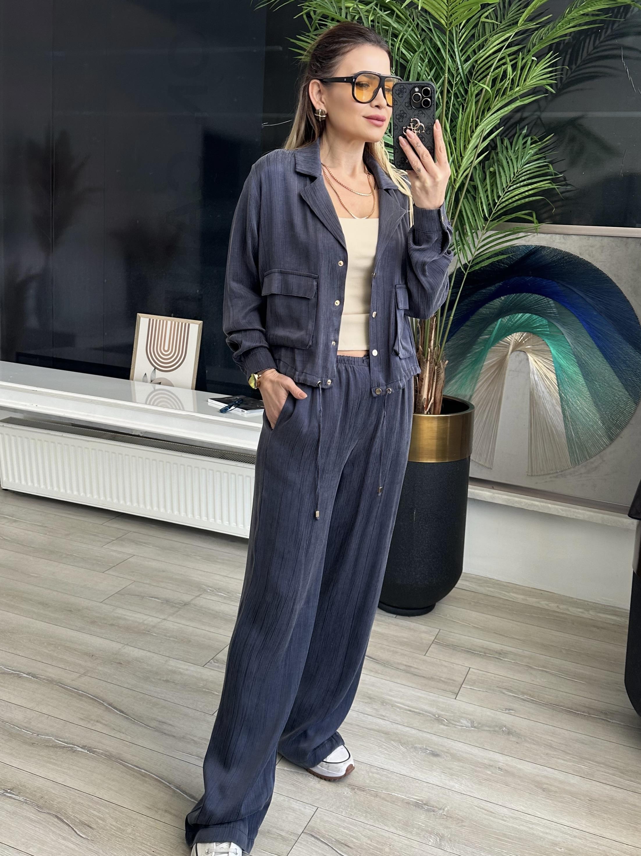 İndigo Kırışık Efektli Ceket Pantolon Takım