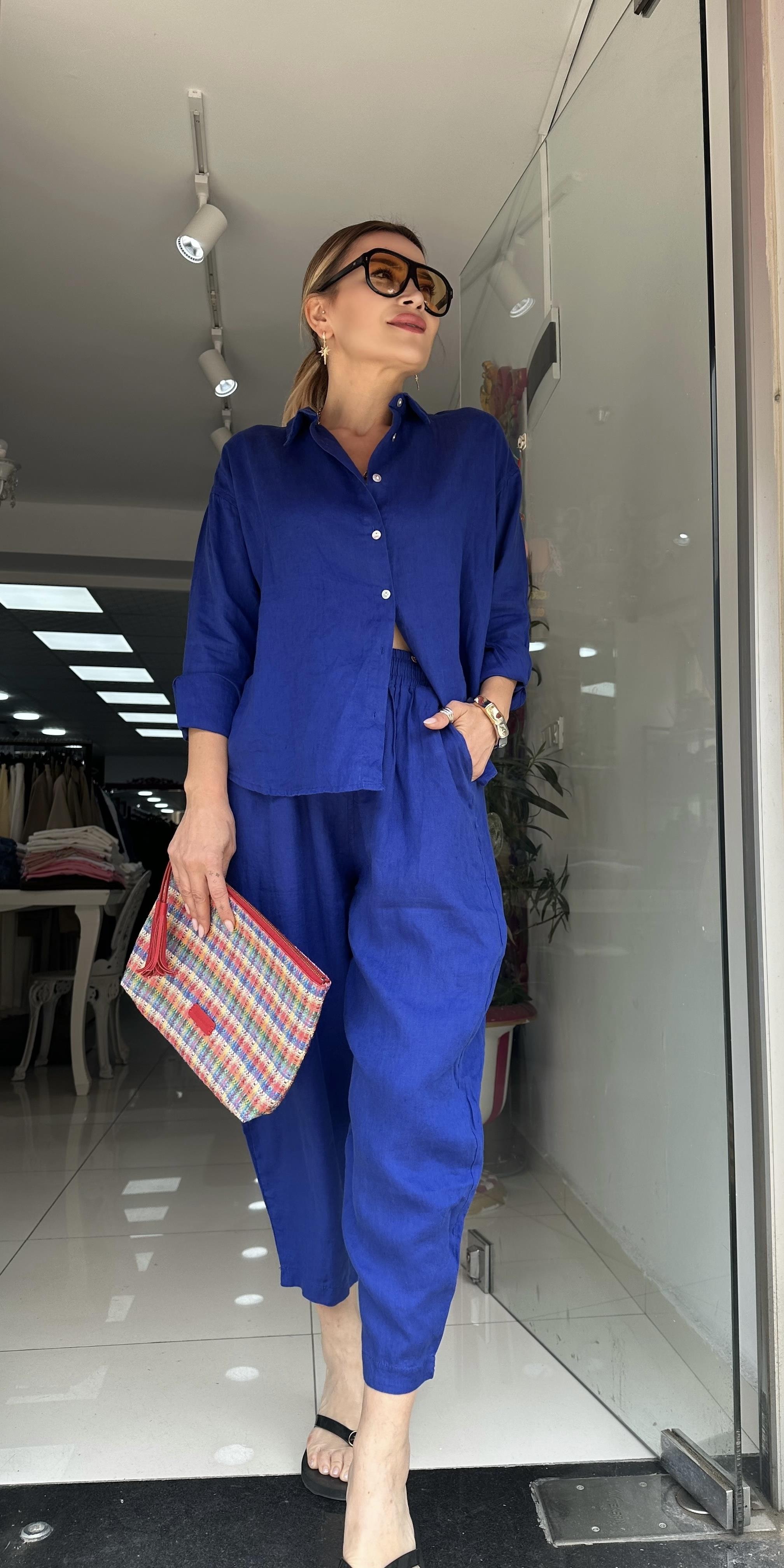 İndigo Mavi Beli Lastikli Keten Pantolon