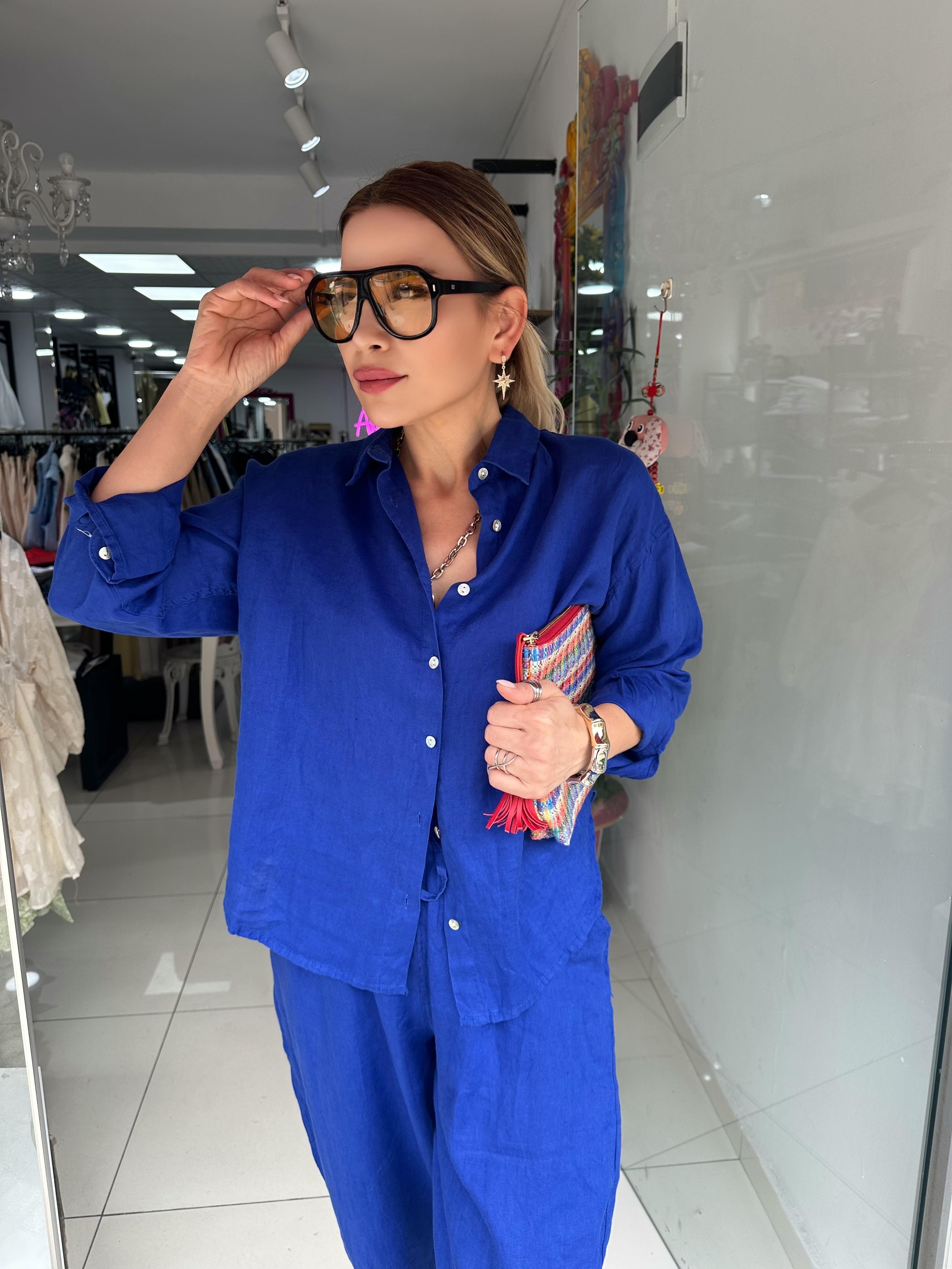 İndigo Mavi Natural Keten Gömlek 