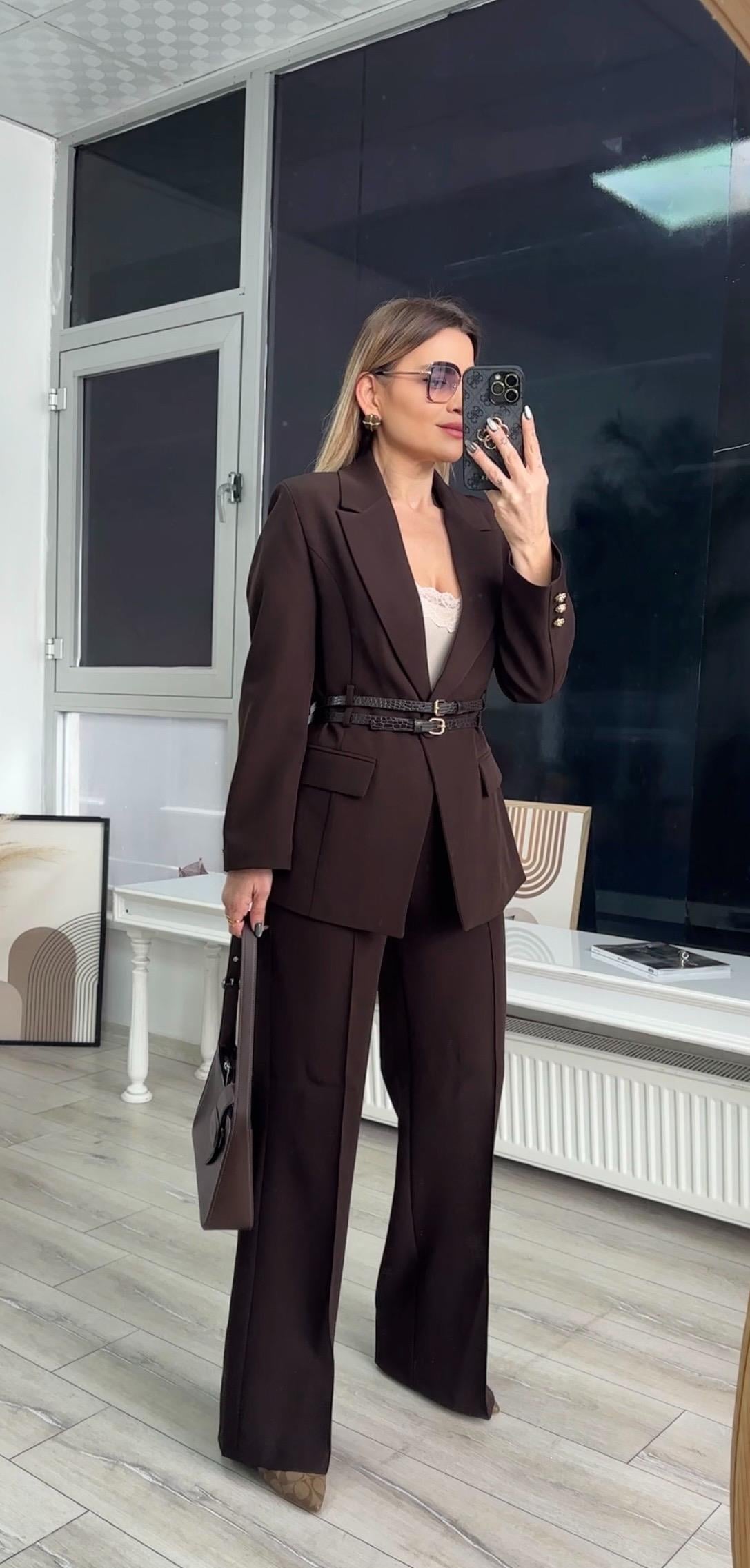 Kahve Çift Kemerli Blazer Pantolon Takım