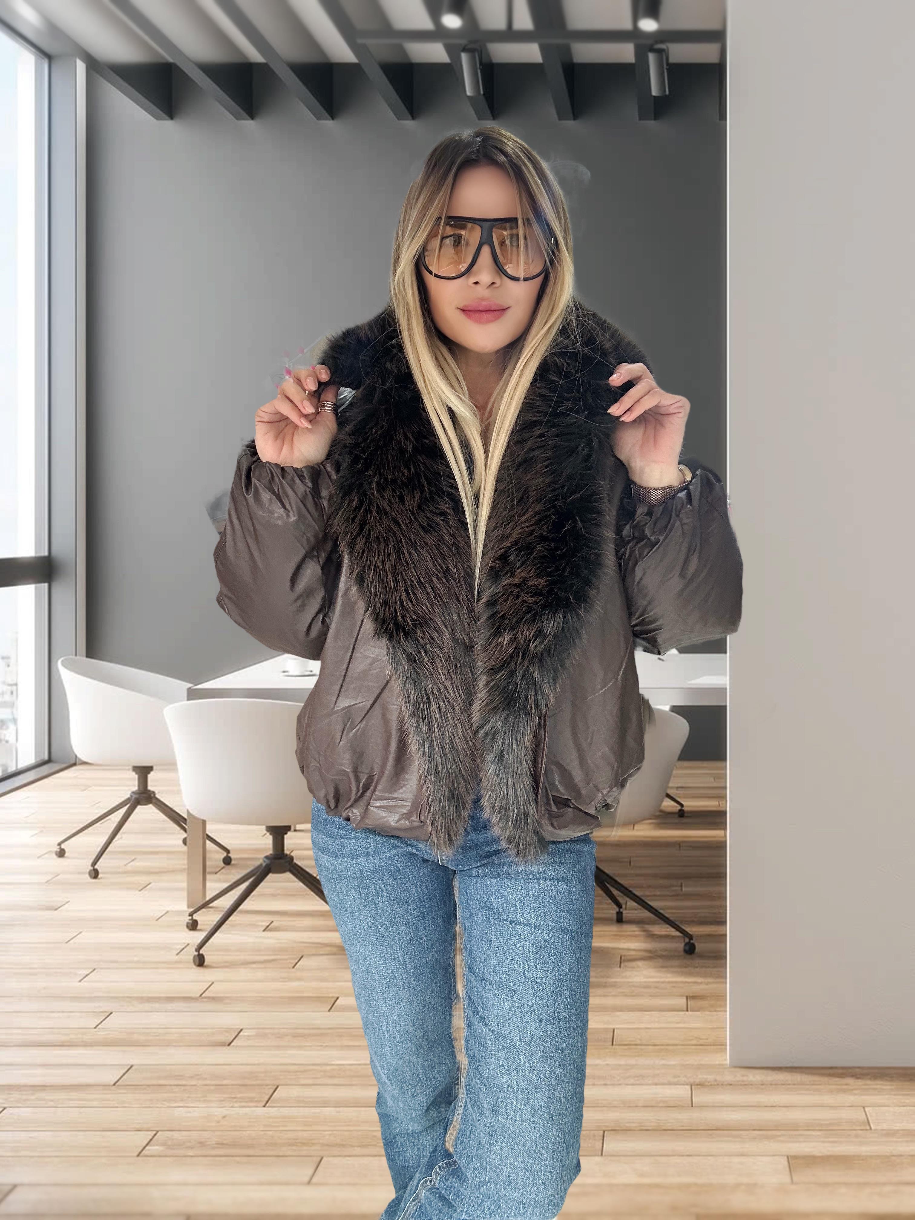 Kahve Çift Taraflı Kürk Yaka İthal Mont