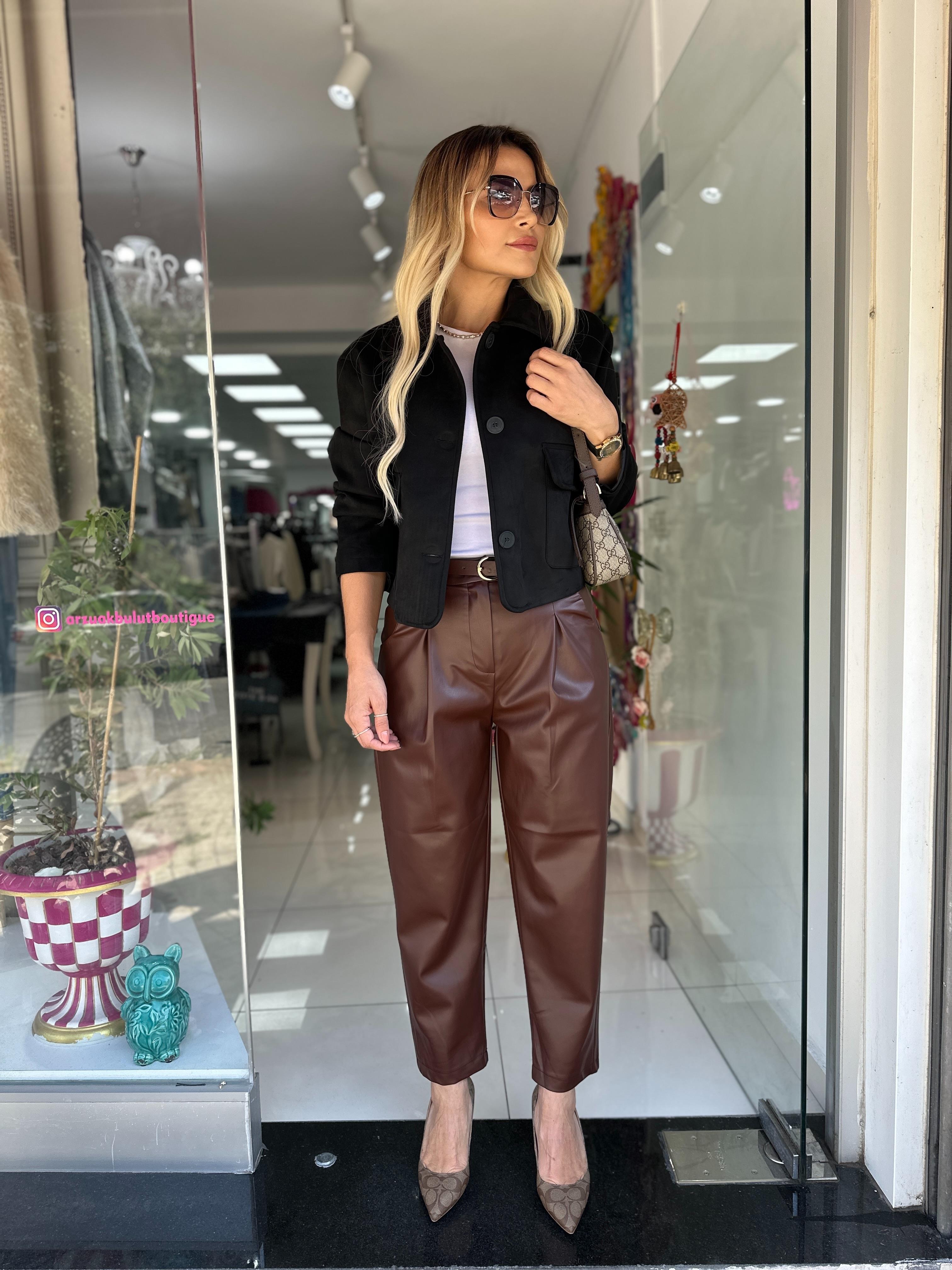 Kahve Deri Havuç Pantolon 