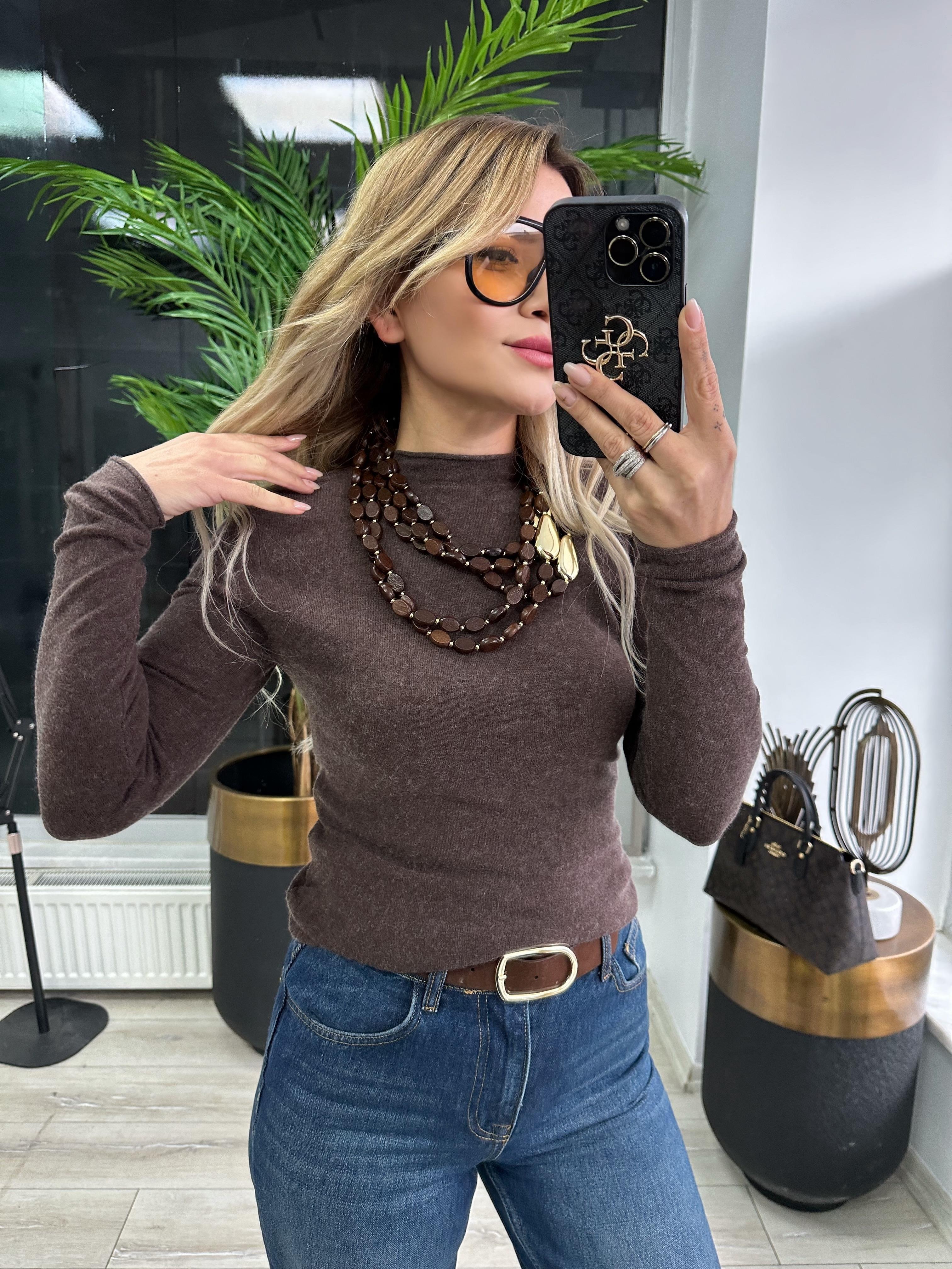 Kahve Dik Yaka Kaşmirli Triko