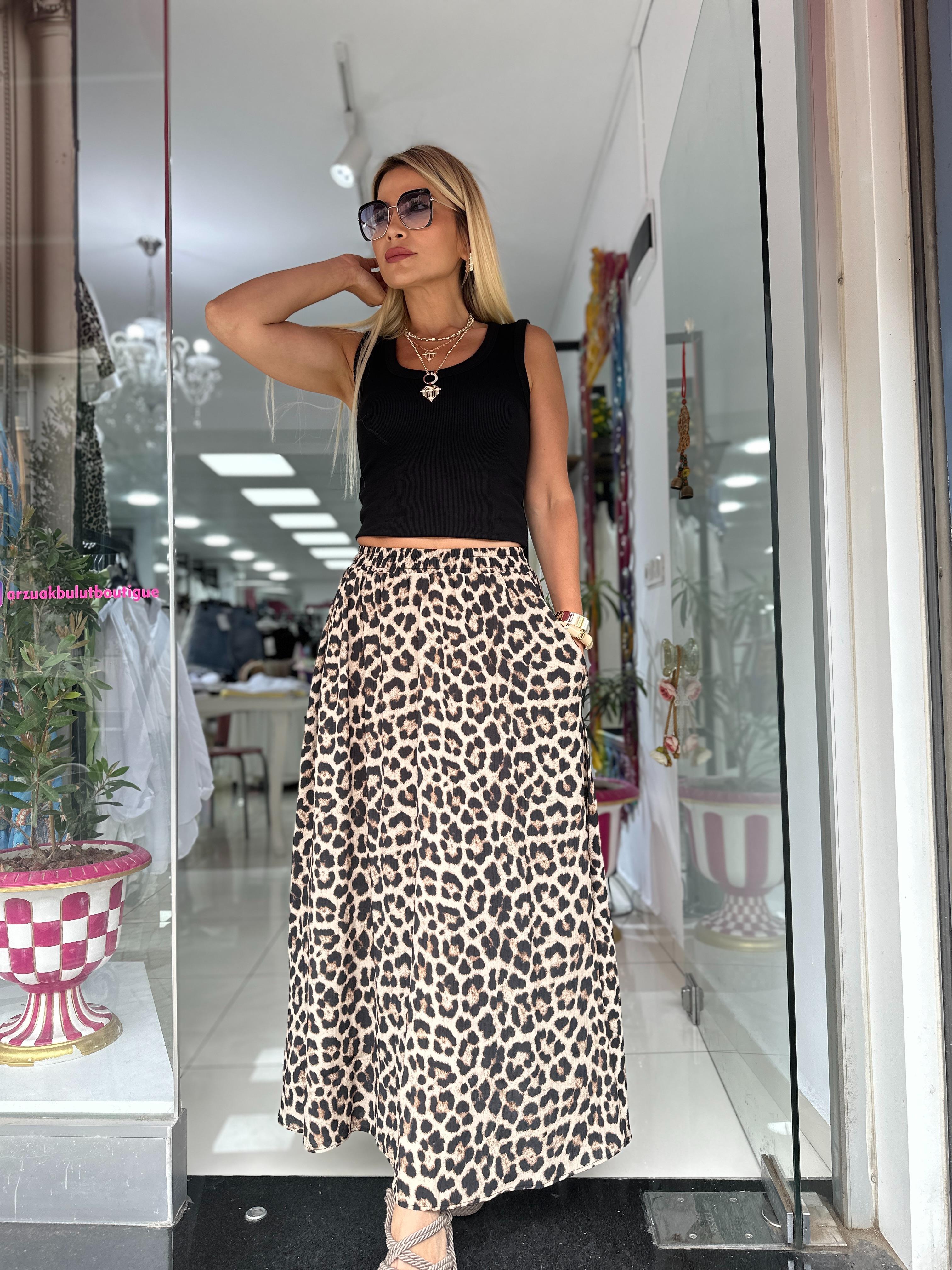 Kahve Leopar Desenli Kloş Etek 