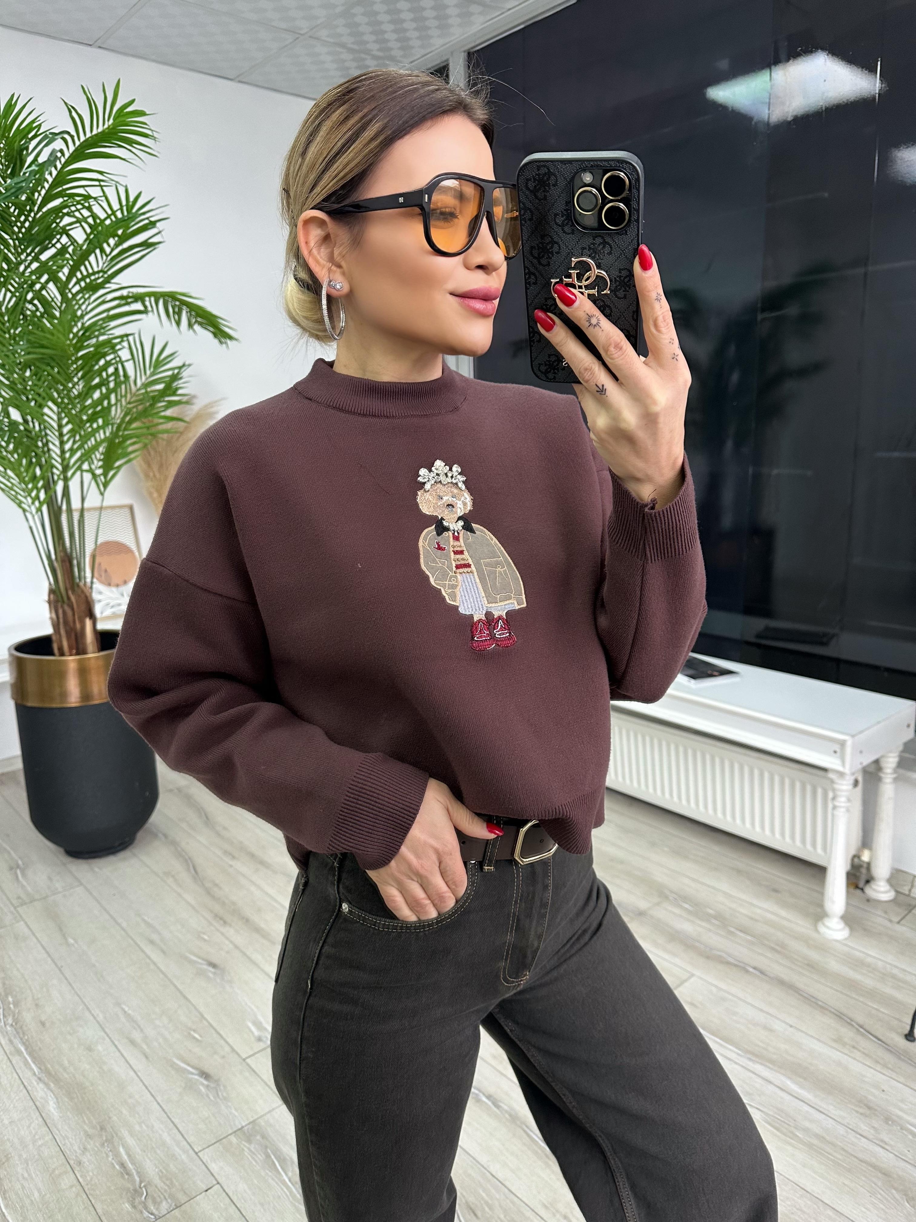 Kahve Nakışlı Taşlı  Triko