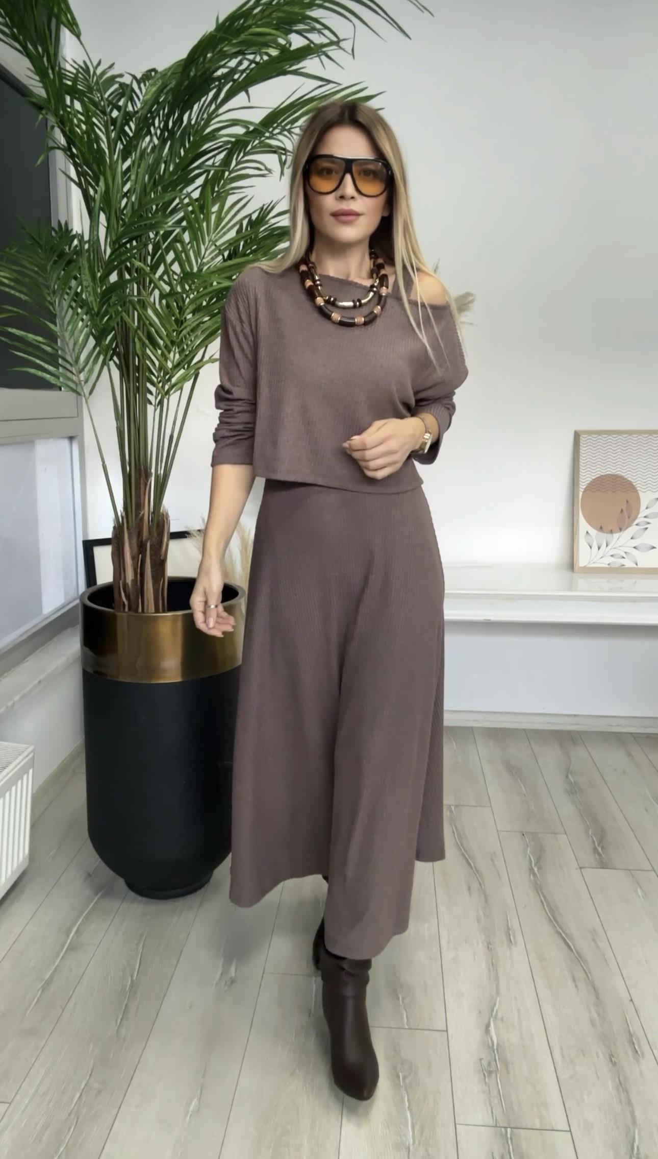 Kahve Örme Bluz Elbise Takım