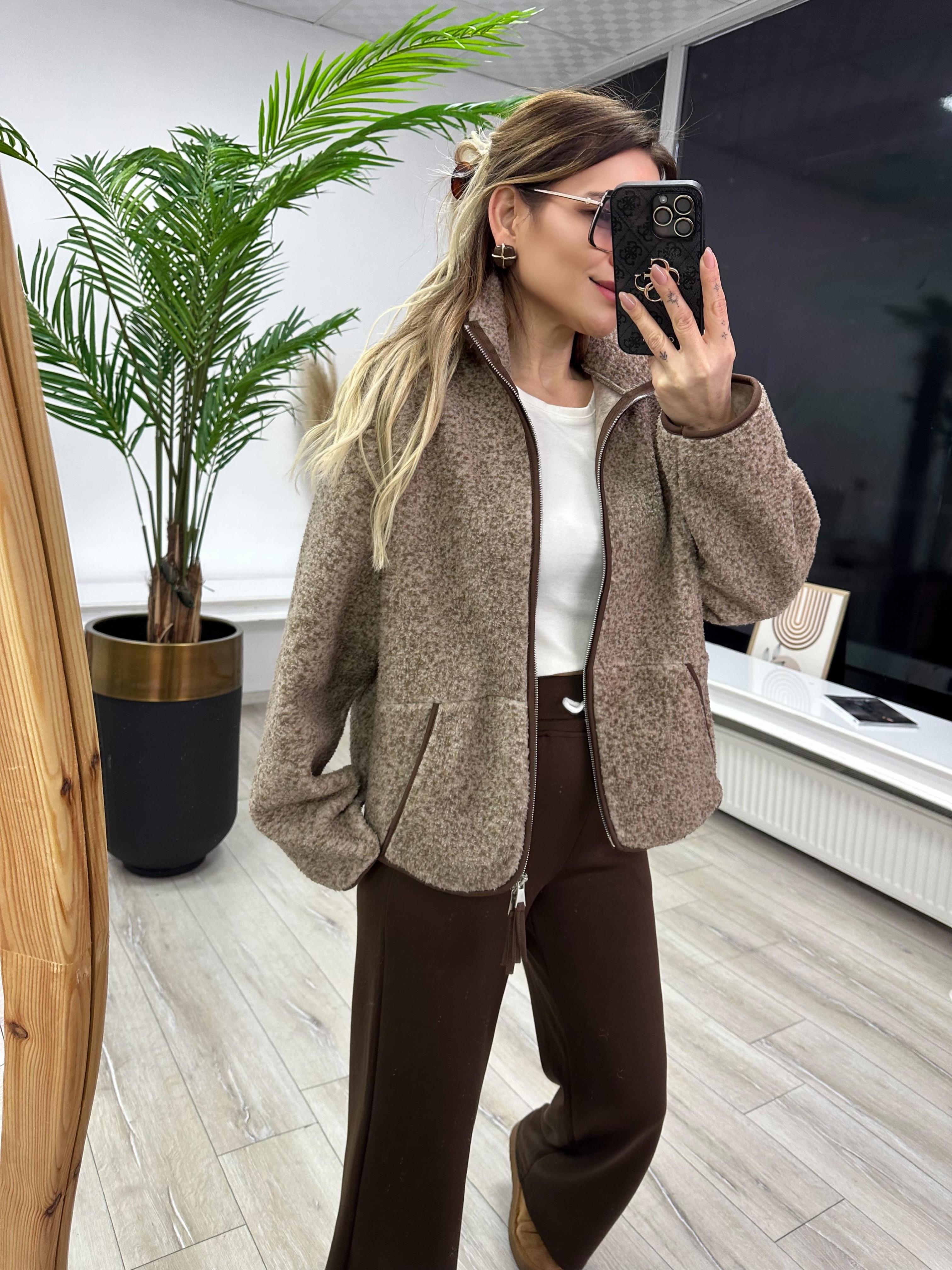 Kahve Peluş Fermuarlı Ceket