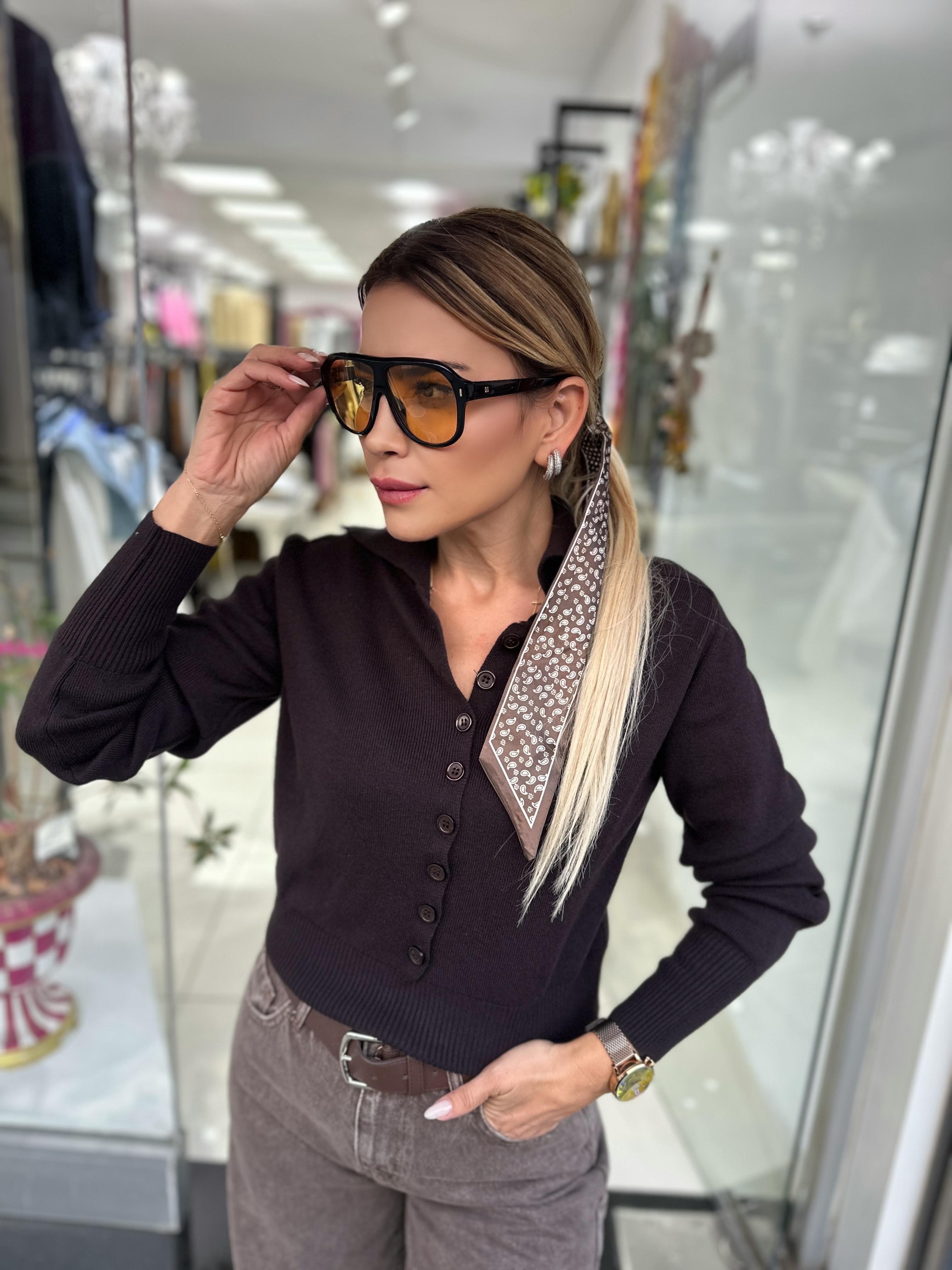 Kahve Polo Yaka Yünlü Düğmeli Triko Kazak