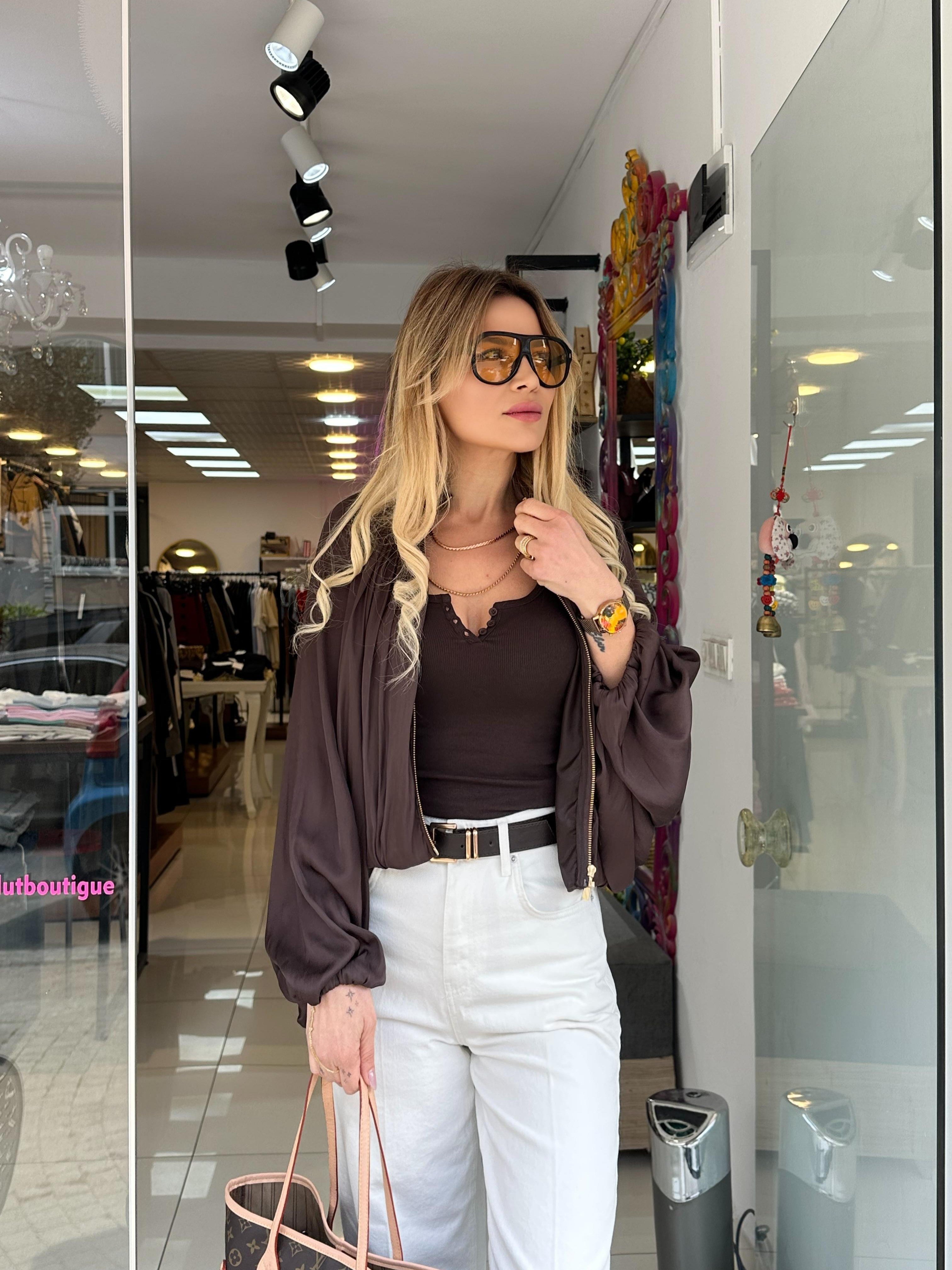 Kahve Saten Bomber Ceket