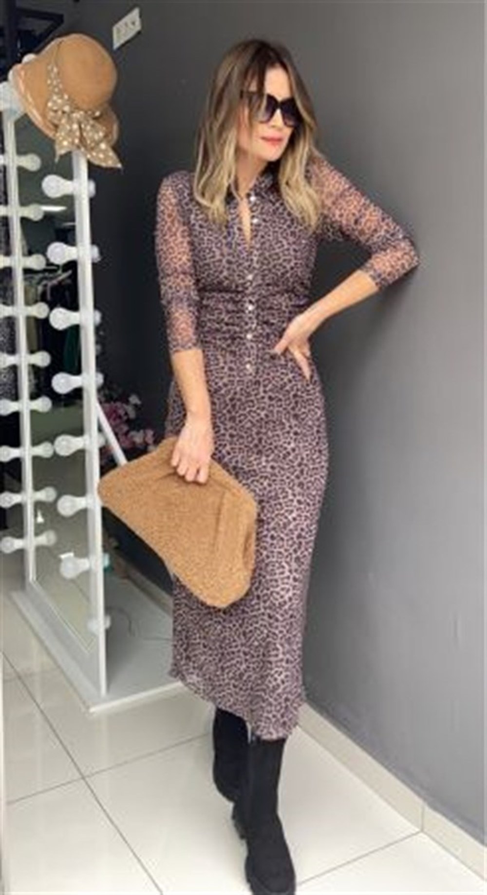 KAHVE ŞİFON LEOPAR ELBİSE