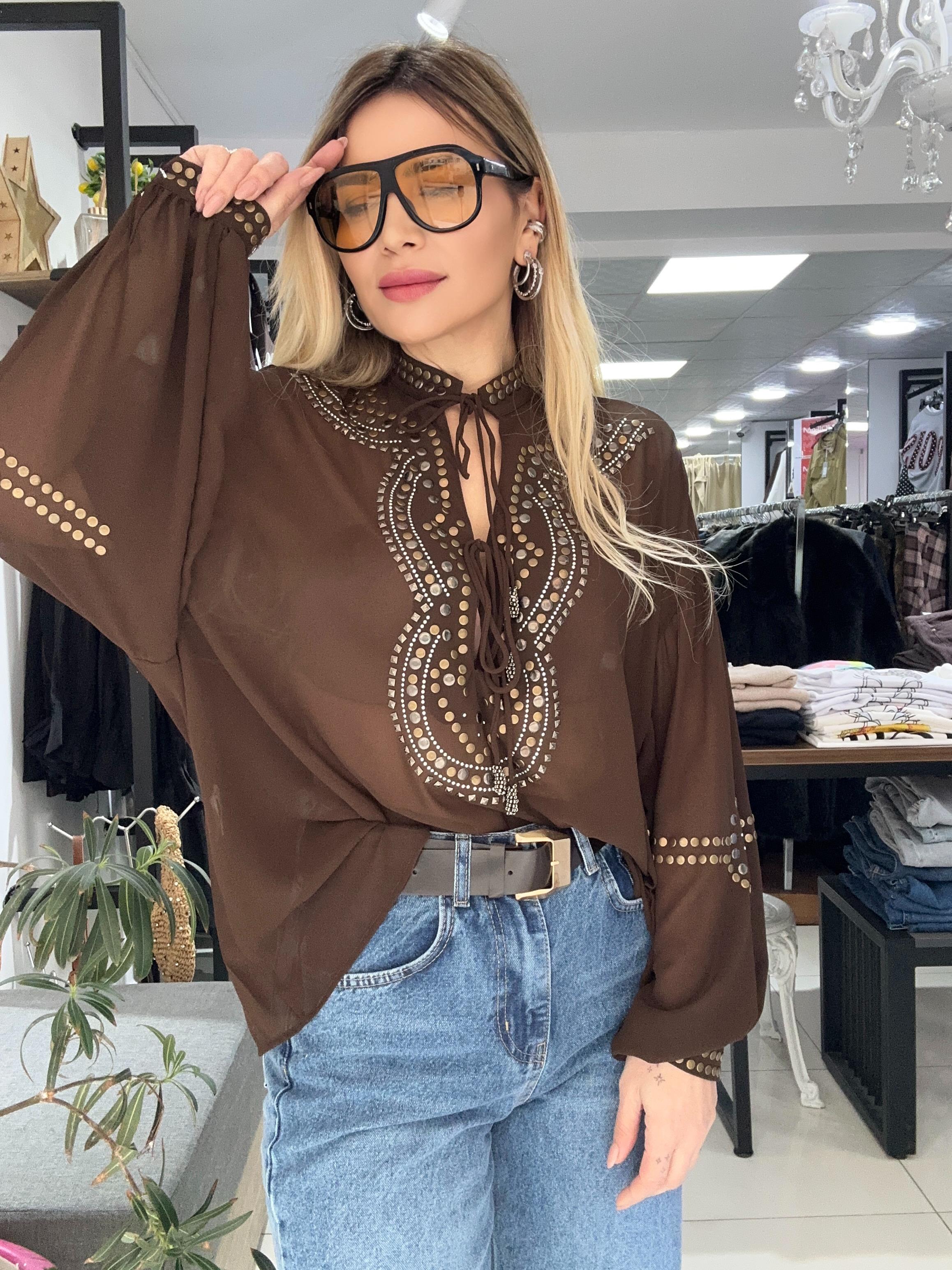 Kahve Taş Yapıştırma Bluz