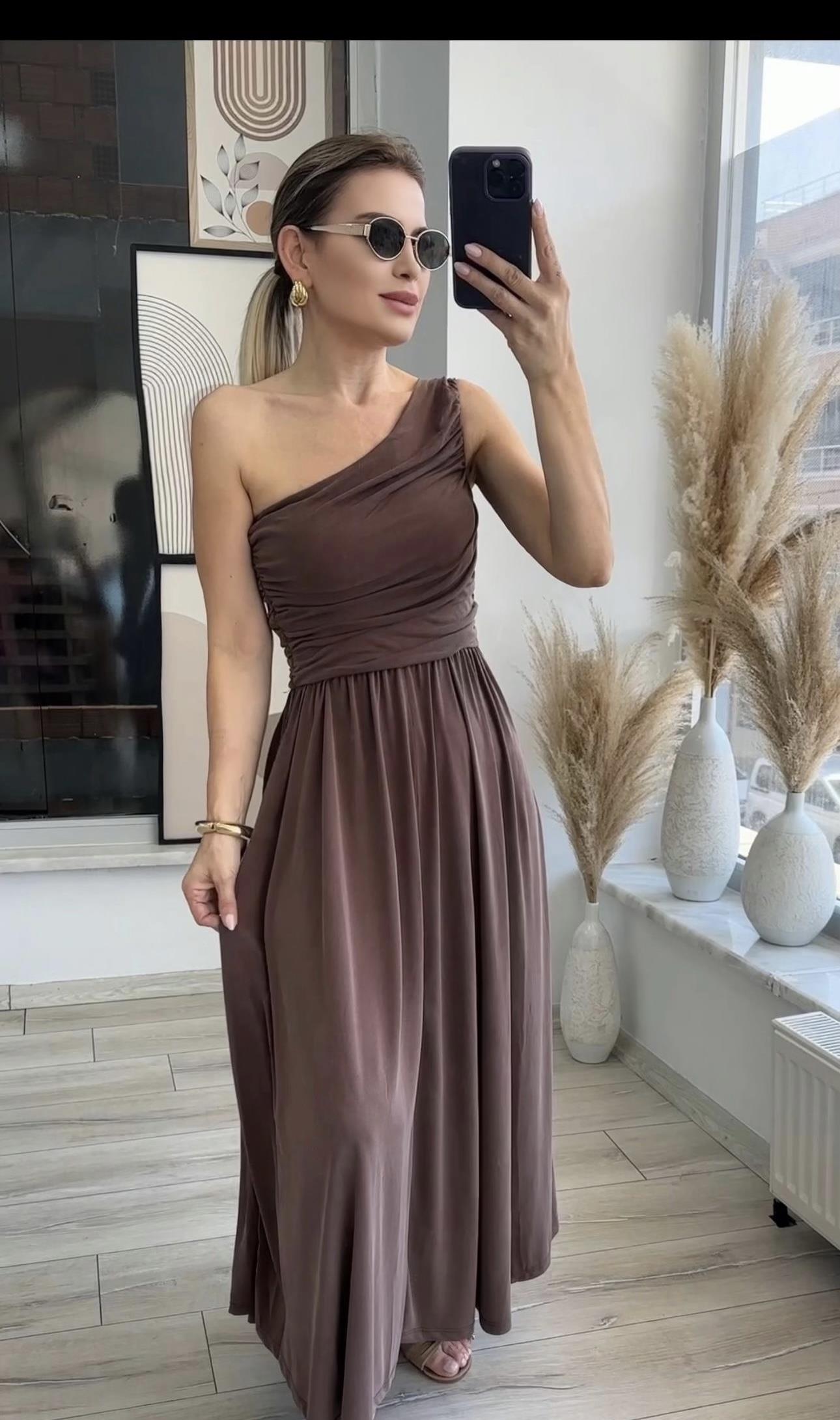 Kahve Tek Omuzlu Drapeli Elbise
