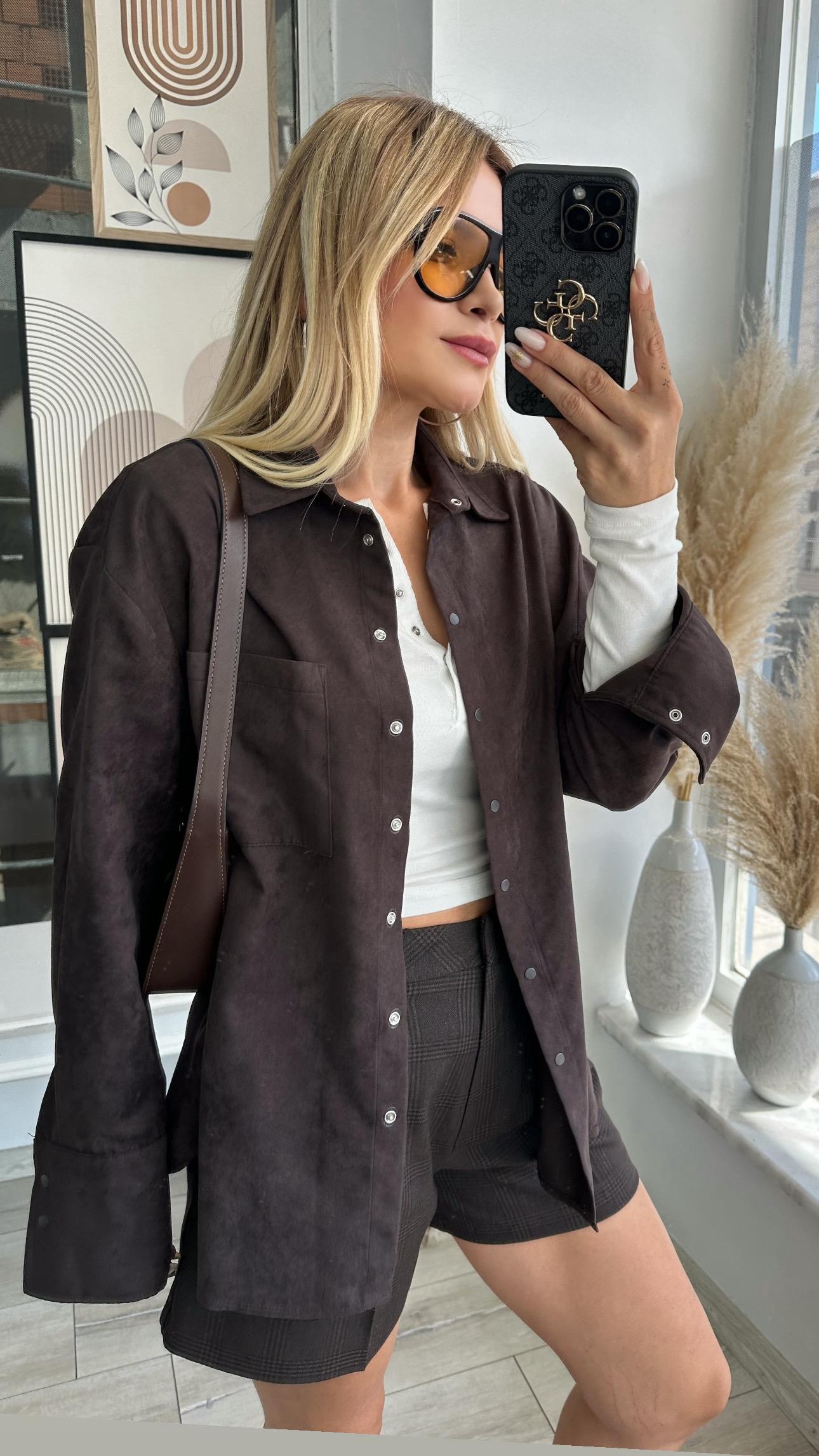 Kahve Uzun Kollu Oversize Süet Gömlek 