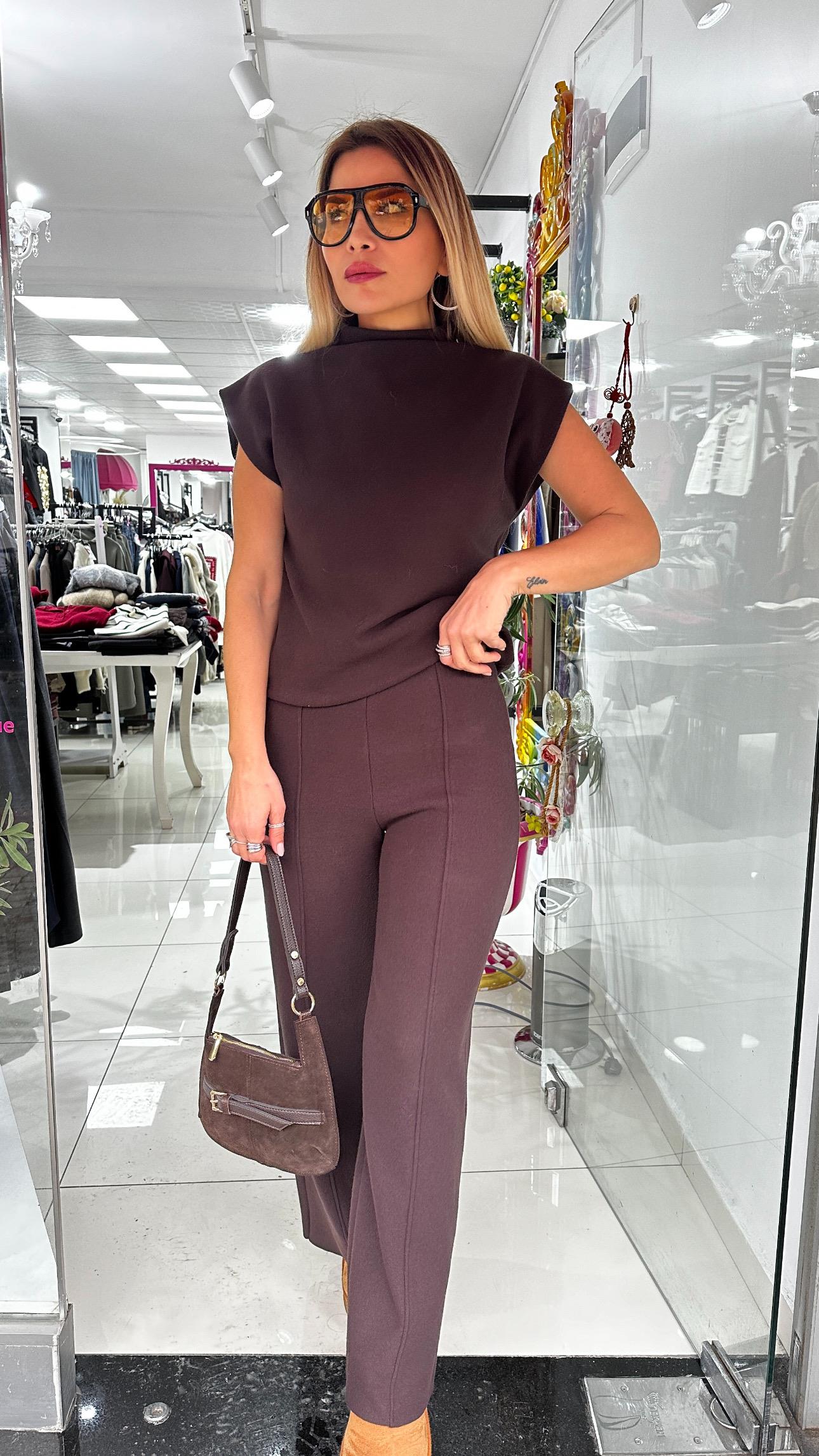 Kahve Yüksek Bel Triko Pantolon 