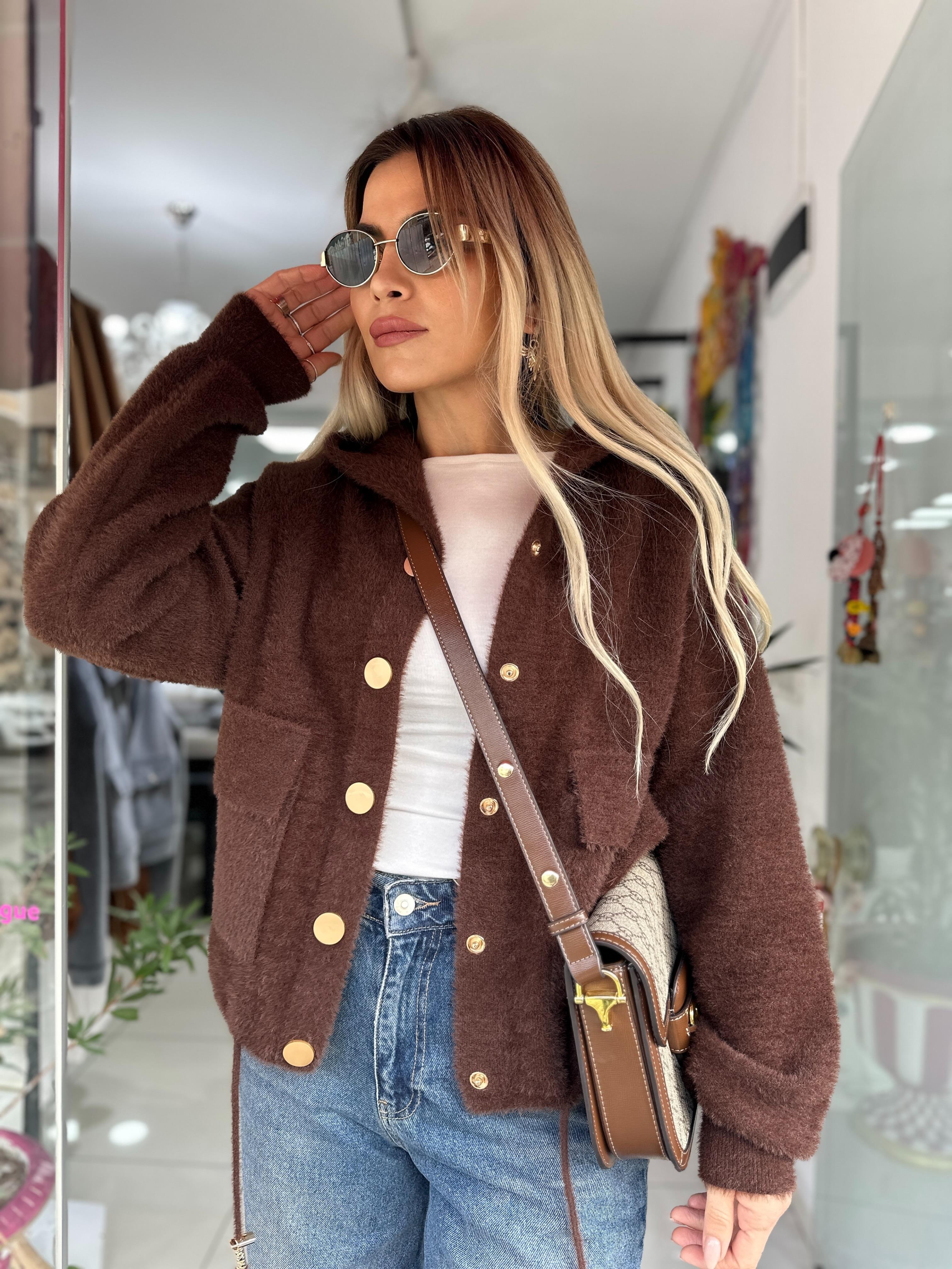 Kahverengi Angora Düğmeli Ceket 