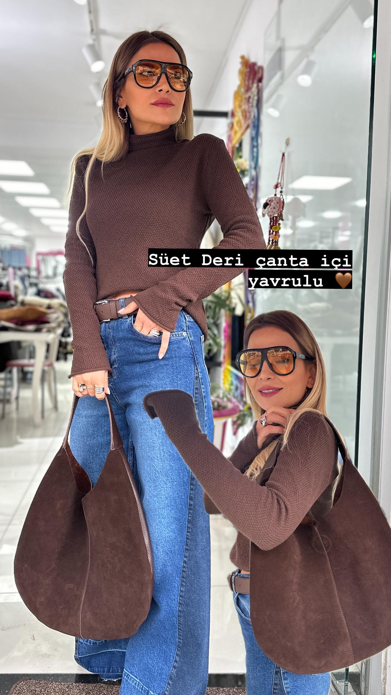 Kahverengi Çift Taraflı Süet Deri Çanta 