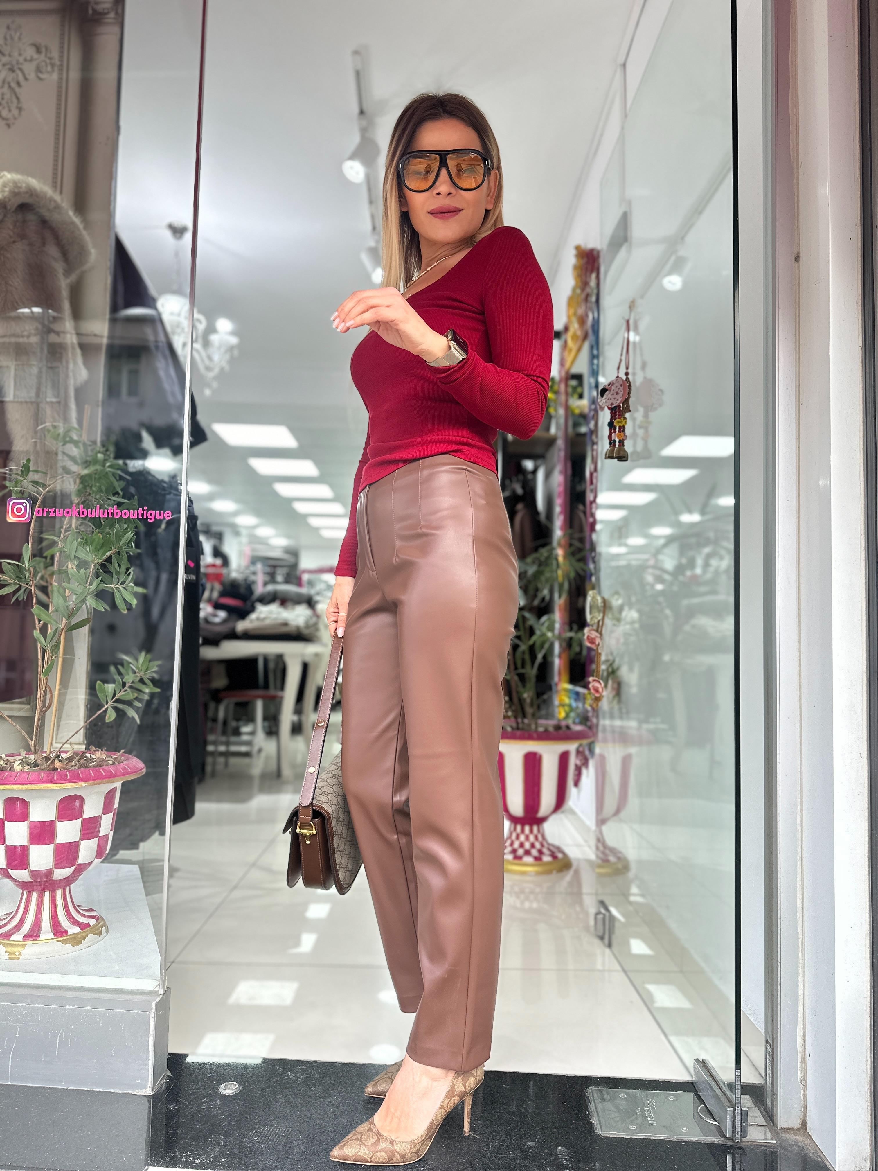 Kahverengi Havuç Model Filetolu Deri Pantolon 