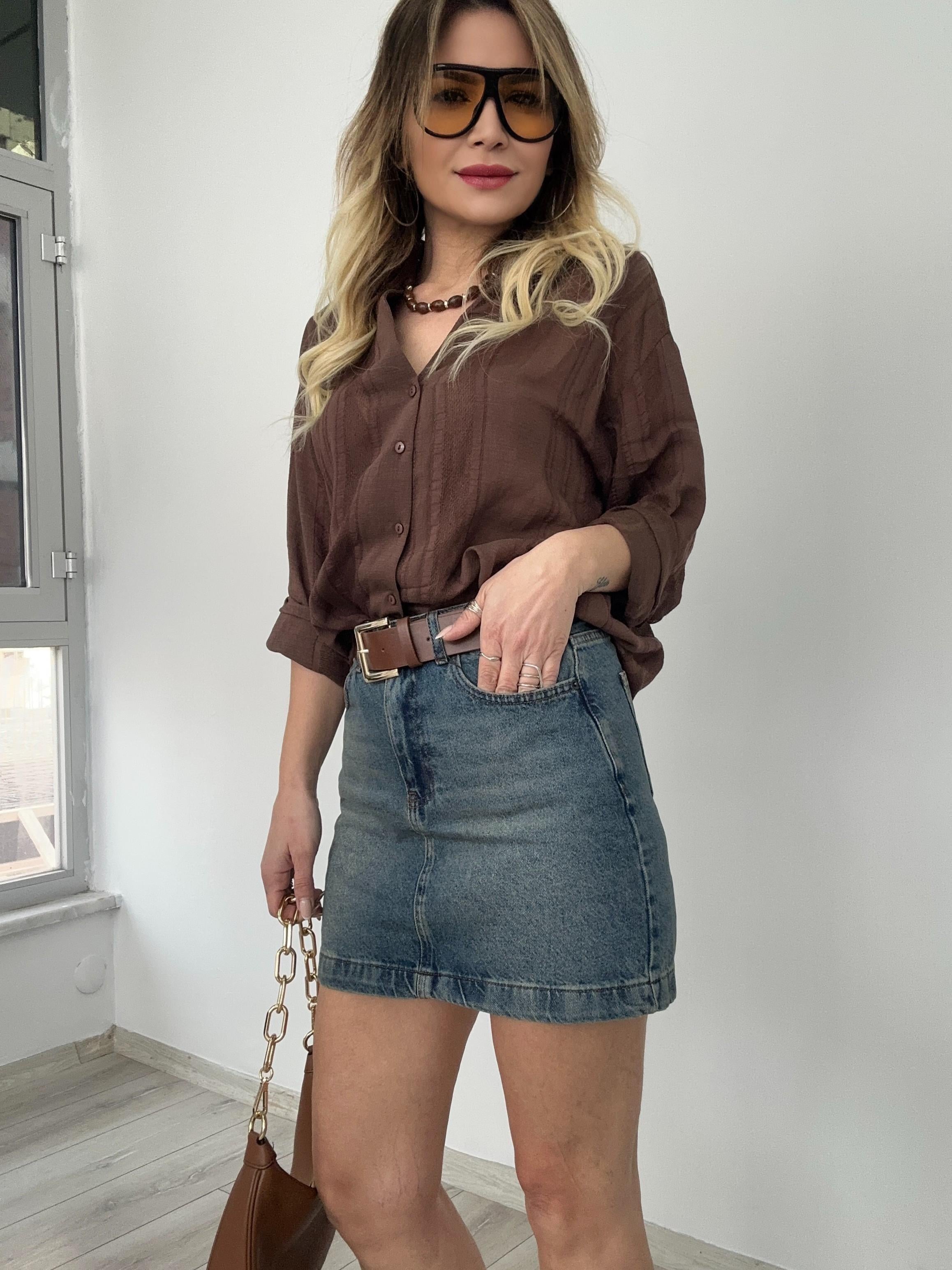 Kahverengi Oversize Transparan Gömlek 