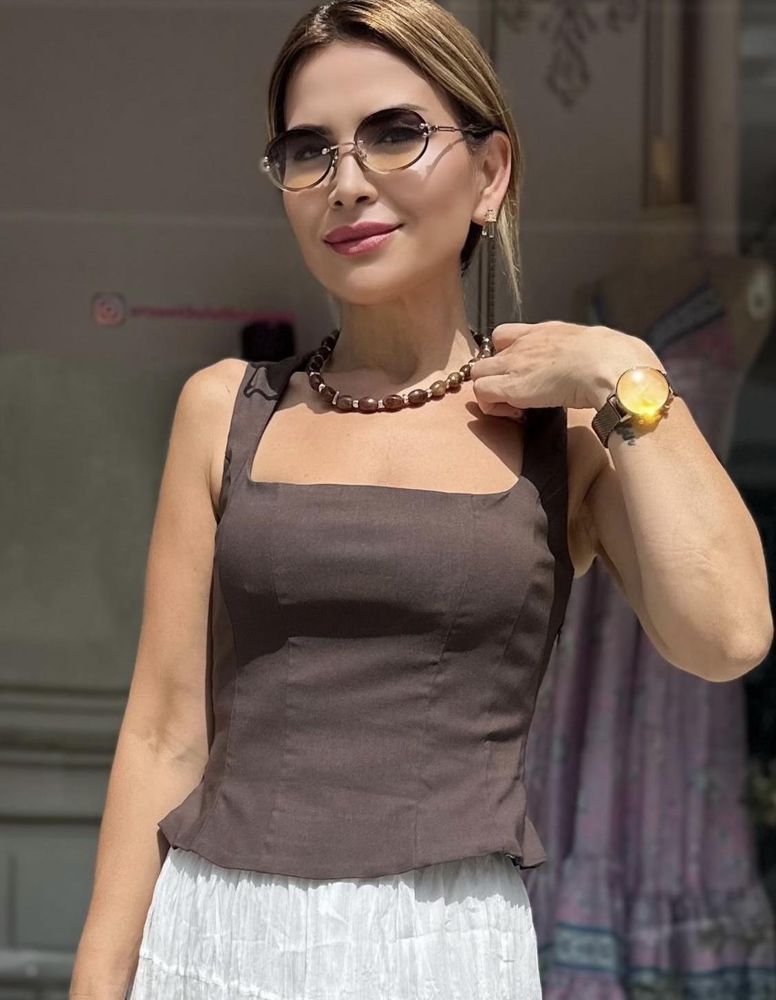 Kahverengi Peplum Korse Bluz 