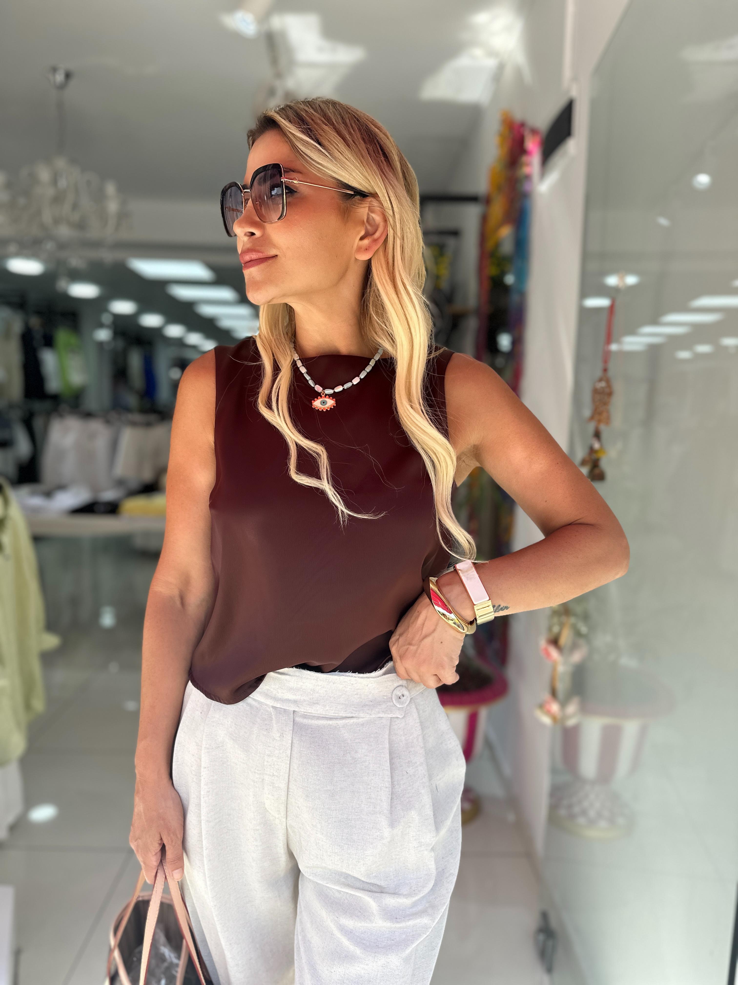 Kahverengi Saten Bluz