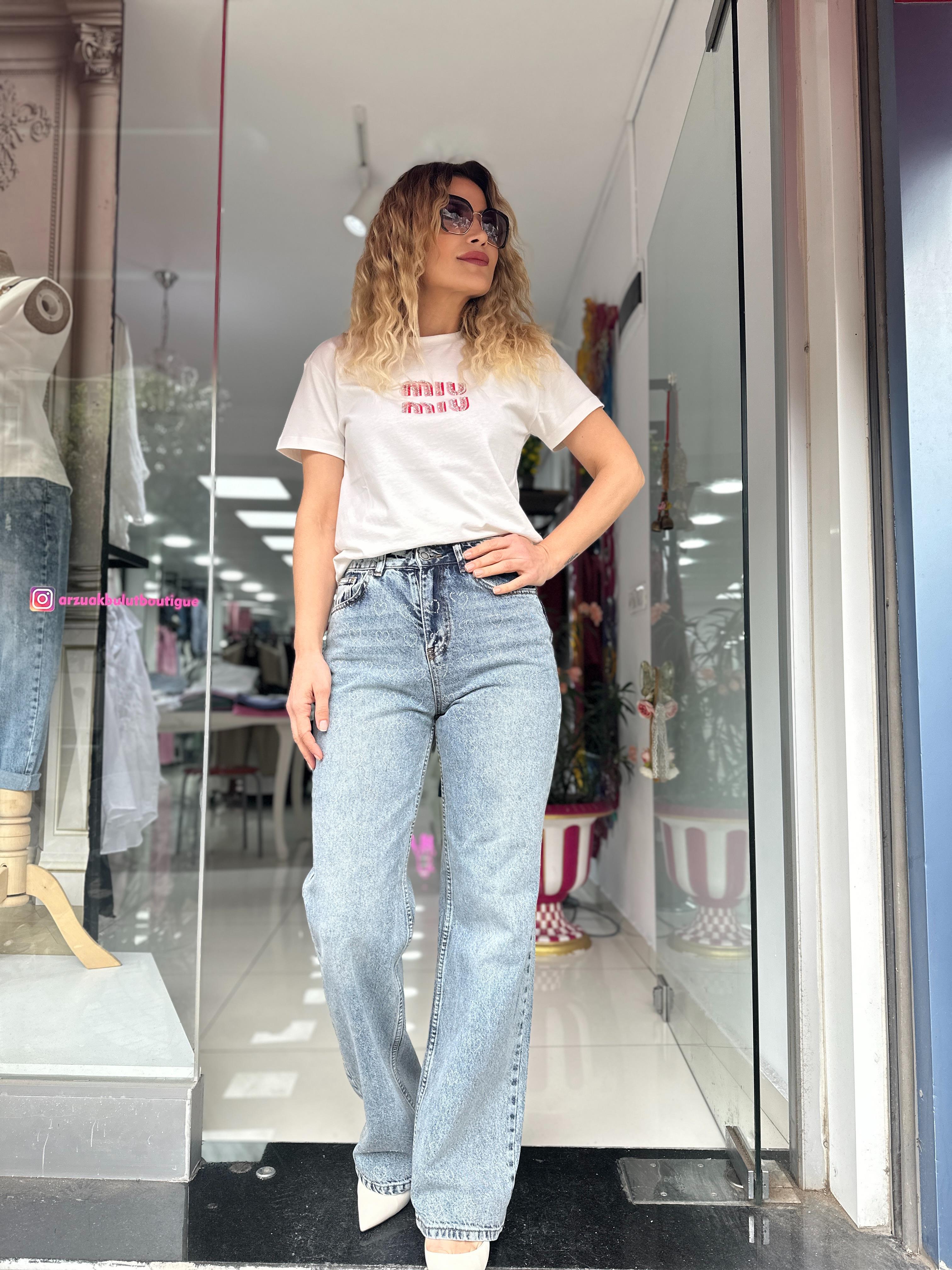 Kalp Taş Detaylı Wide Leg Pantolon