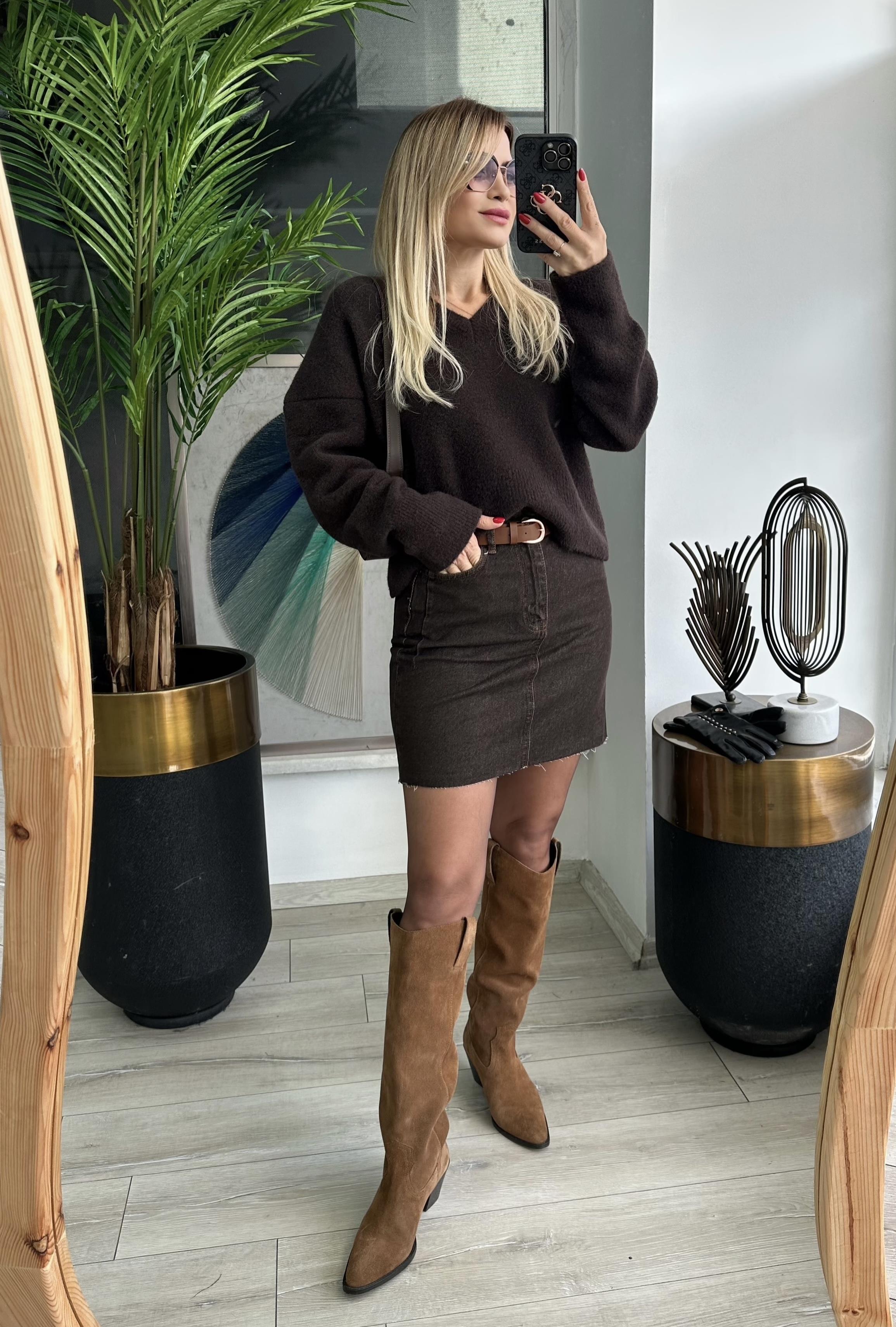 Kemerli Kahve Denim Etek 