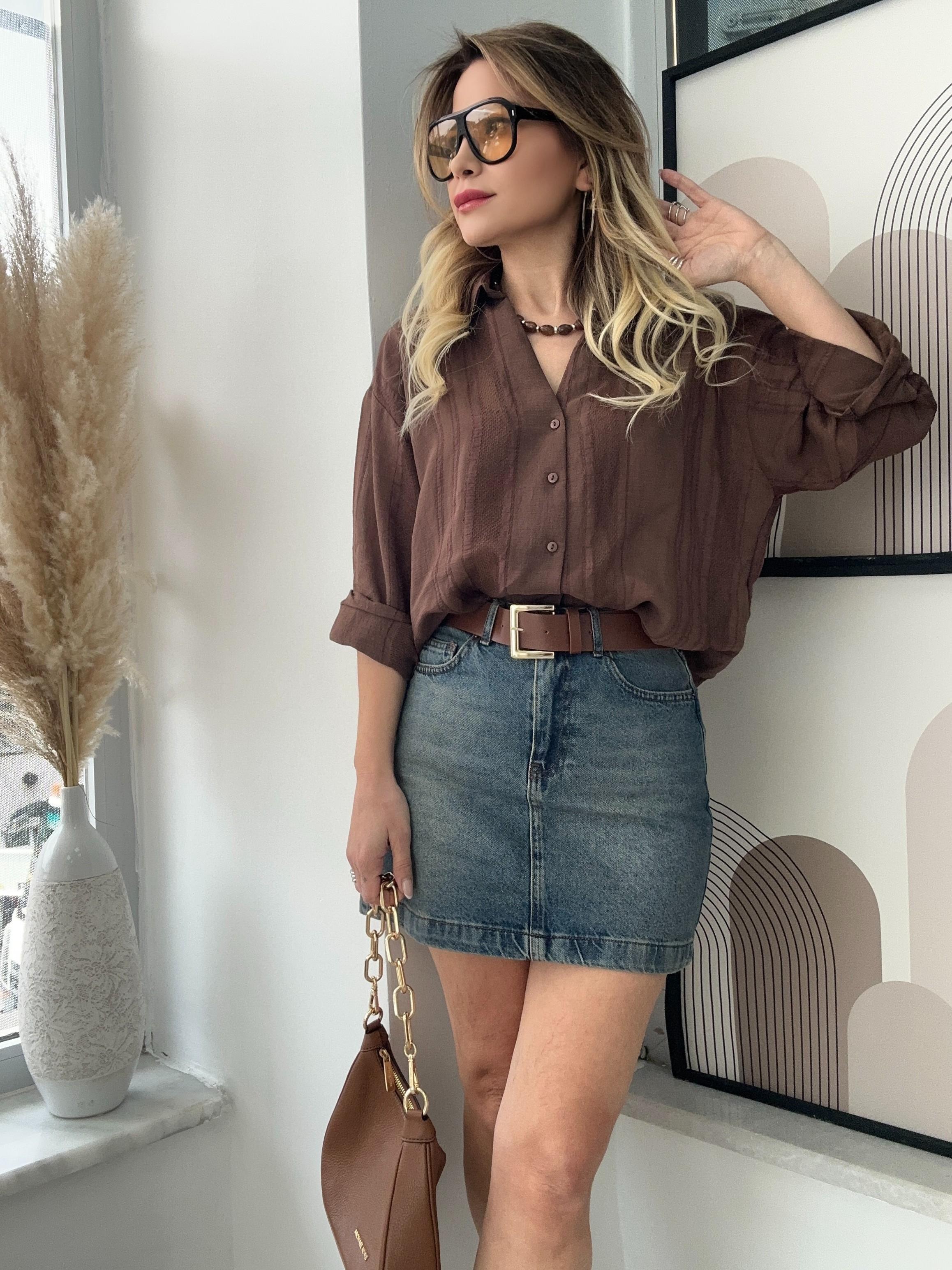 Kemerli Tint Yıkama Denim Etek 