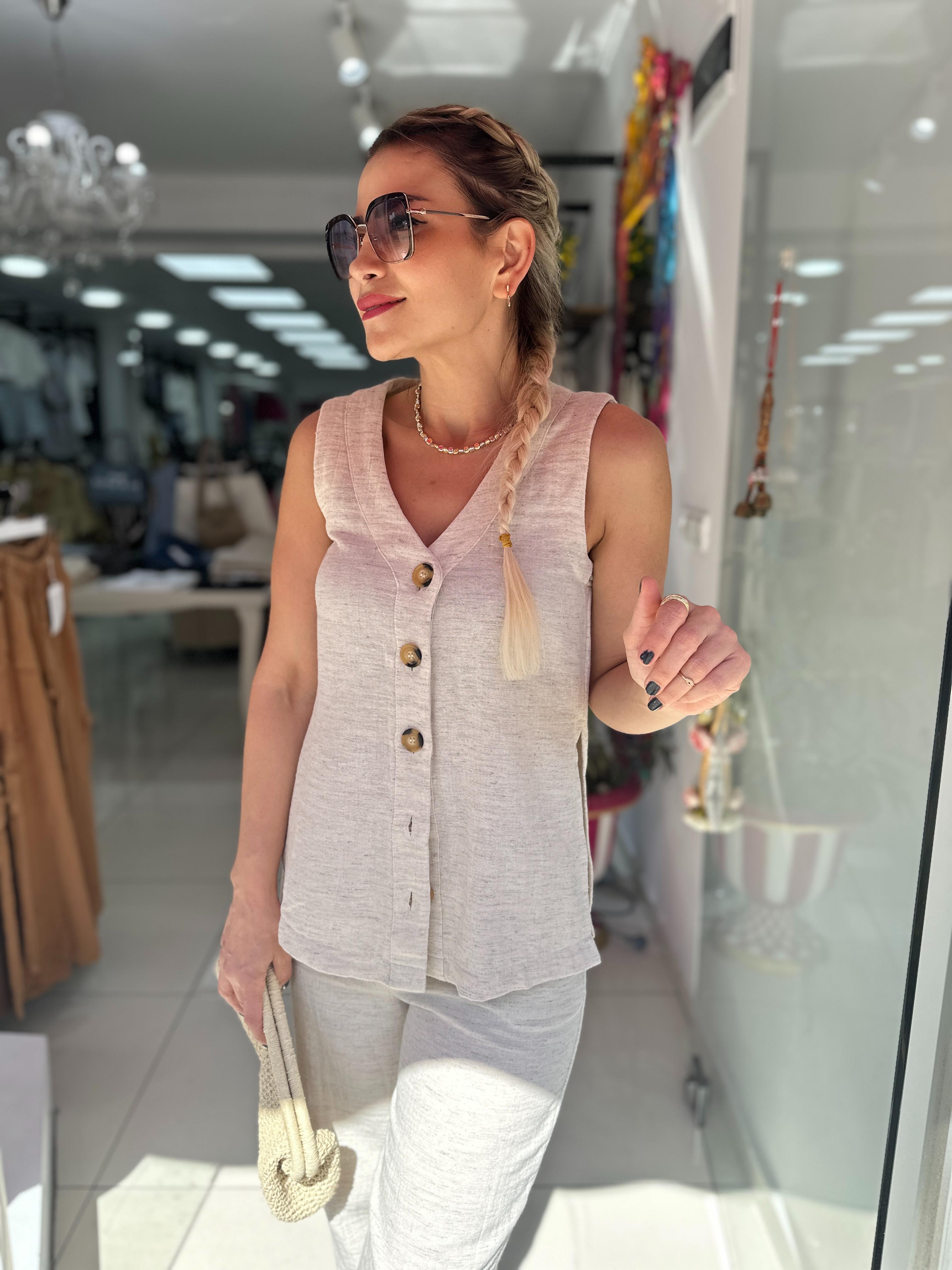 Keten Önü Düğmeli Yelek Bel Lastikli Pantolon Takım