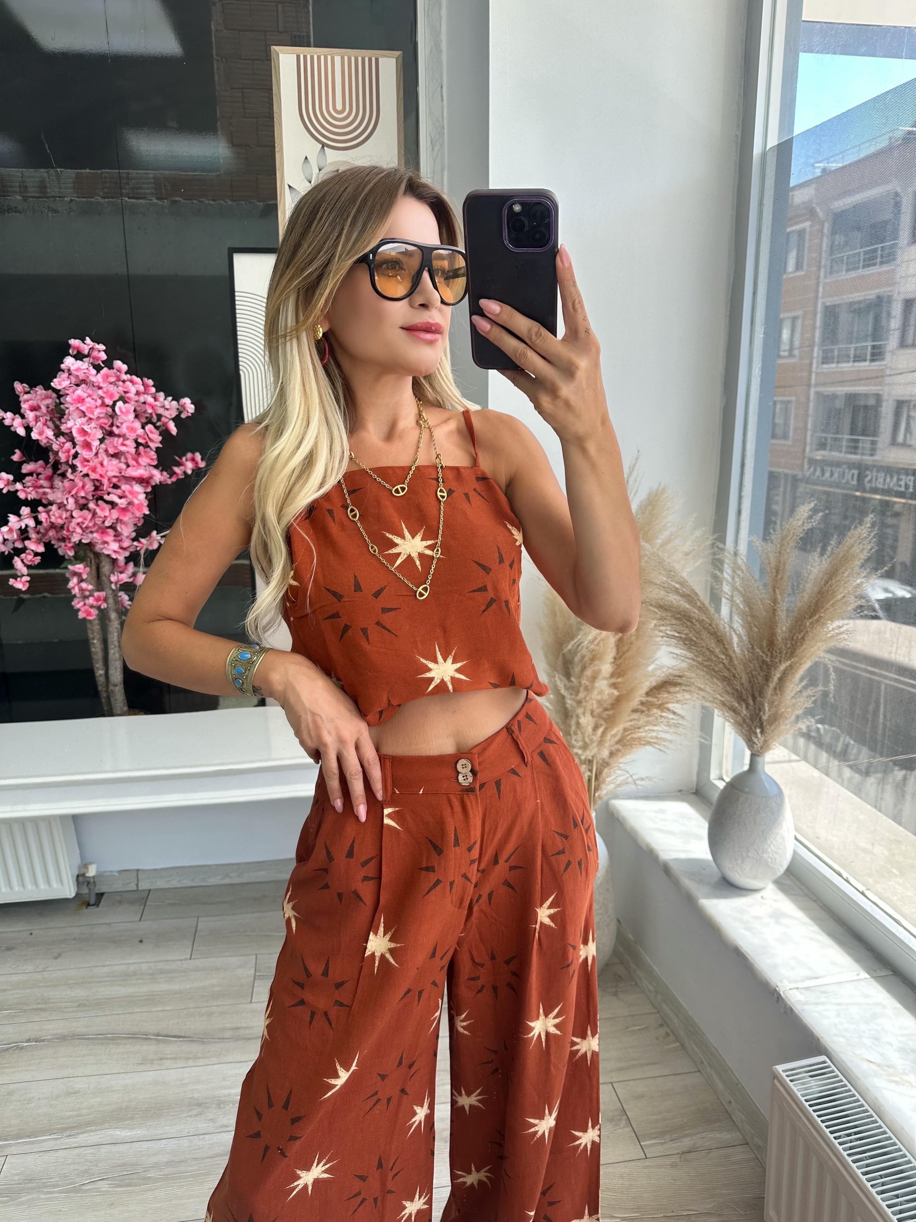 Kiremit Desenli Keten Bluz