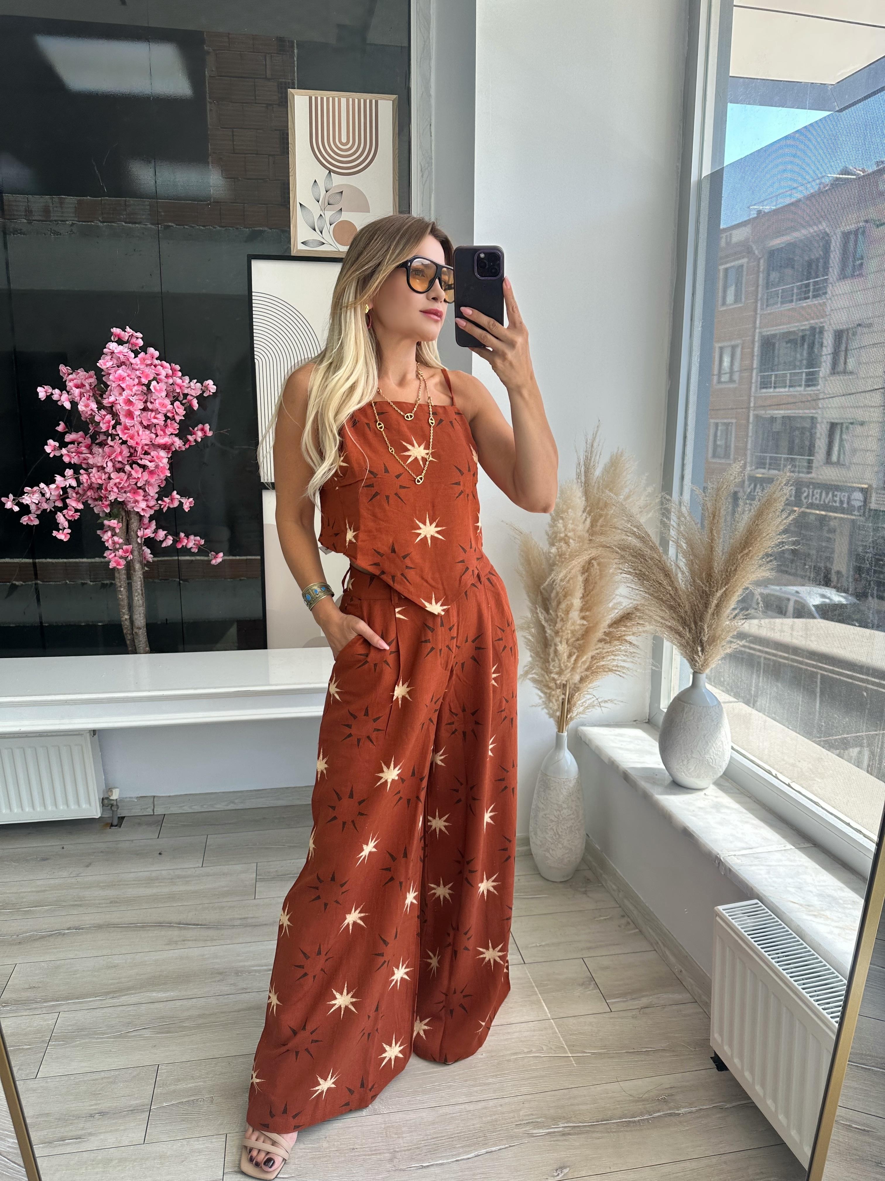 Kiremit Desenli Keten Pantolon 