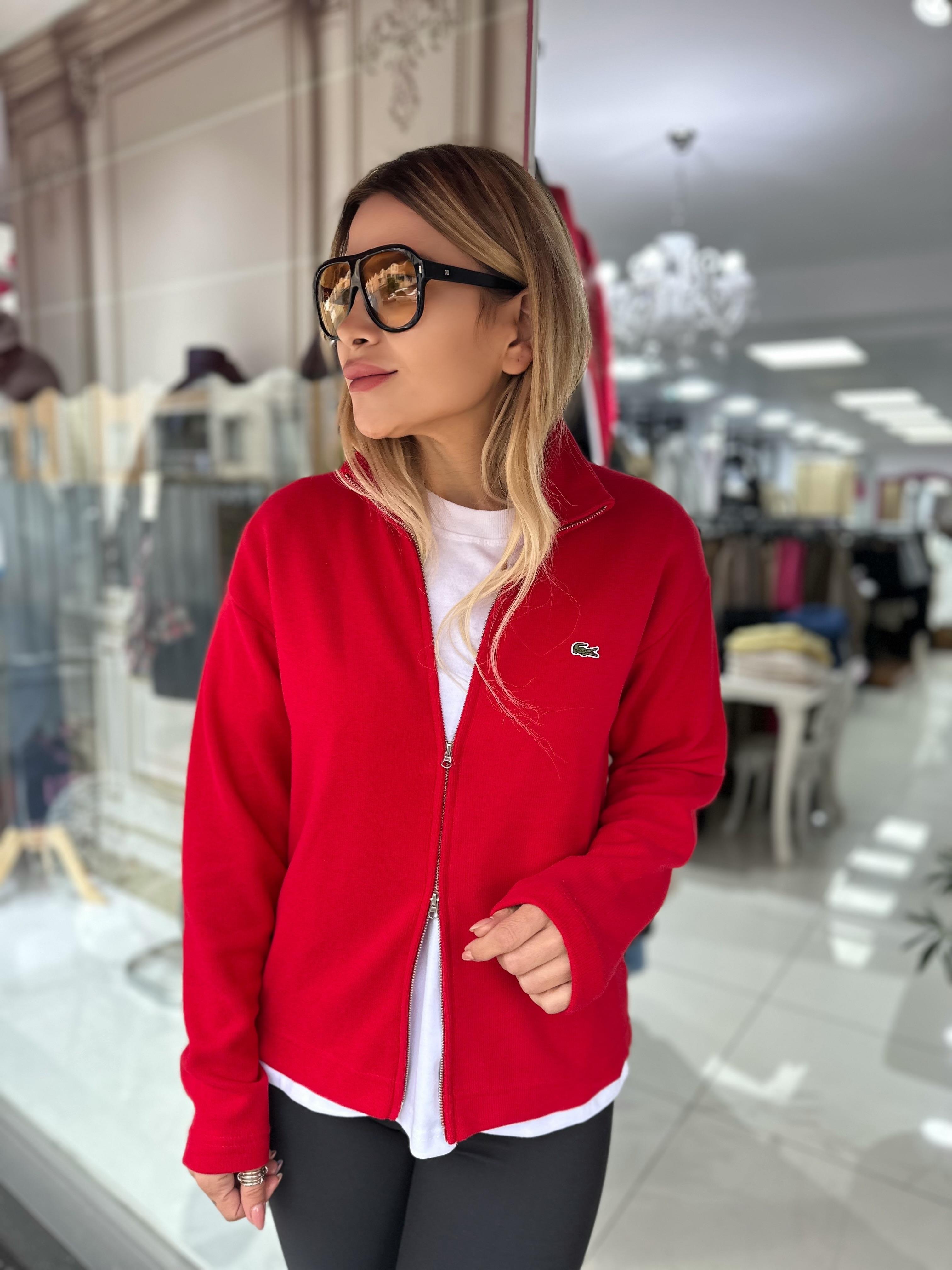 Kırmızı Fermuarlı Dokuma Hırka