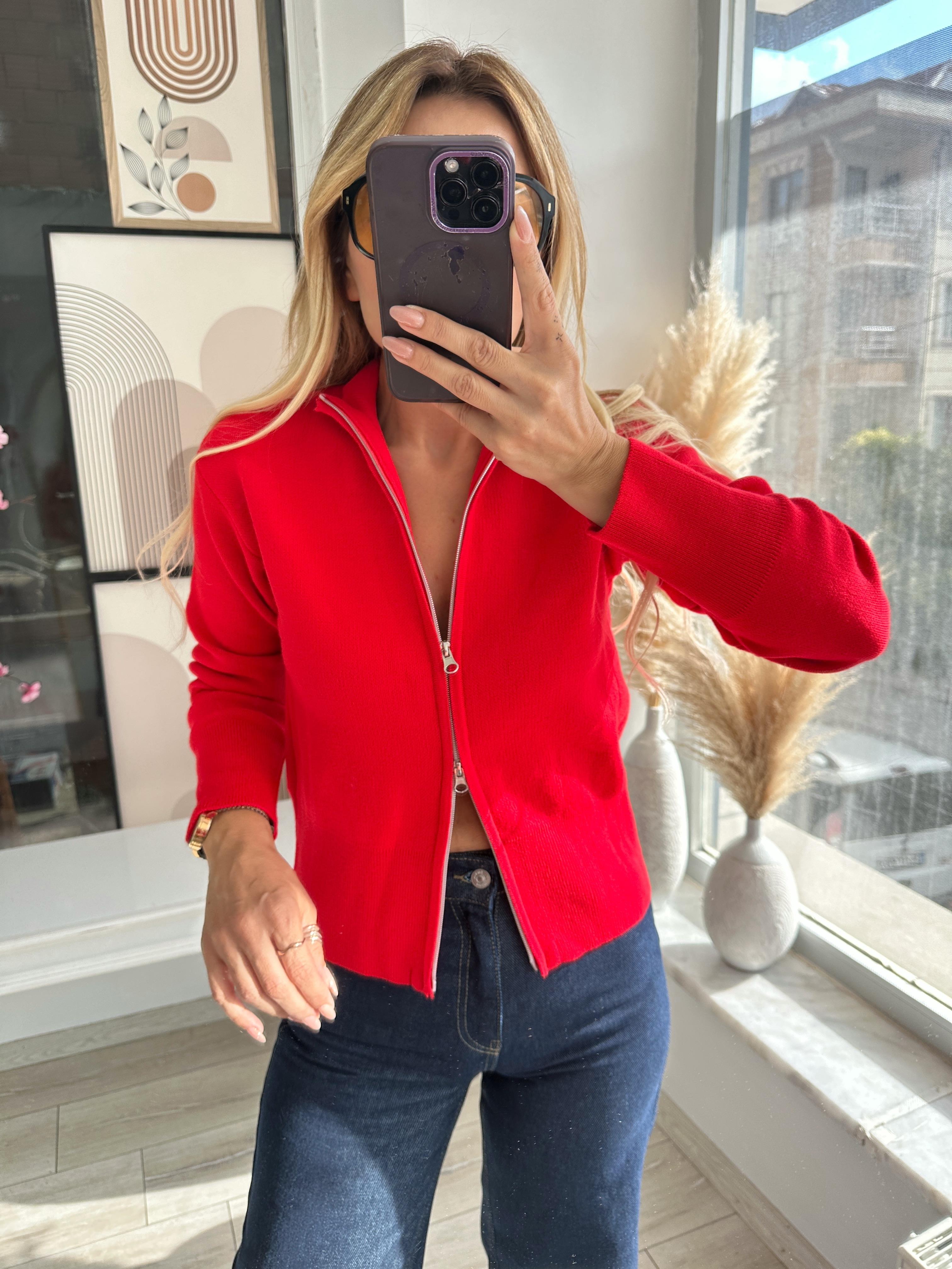 Kırmızı Fermuarlı Triko Hırka 