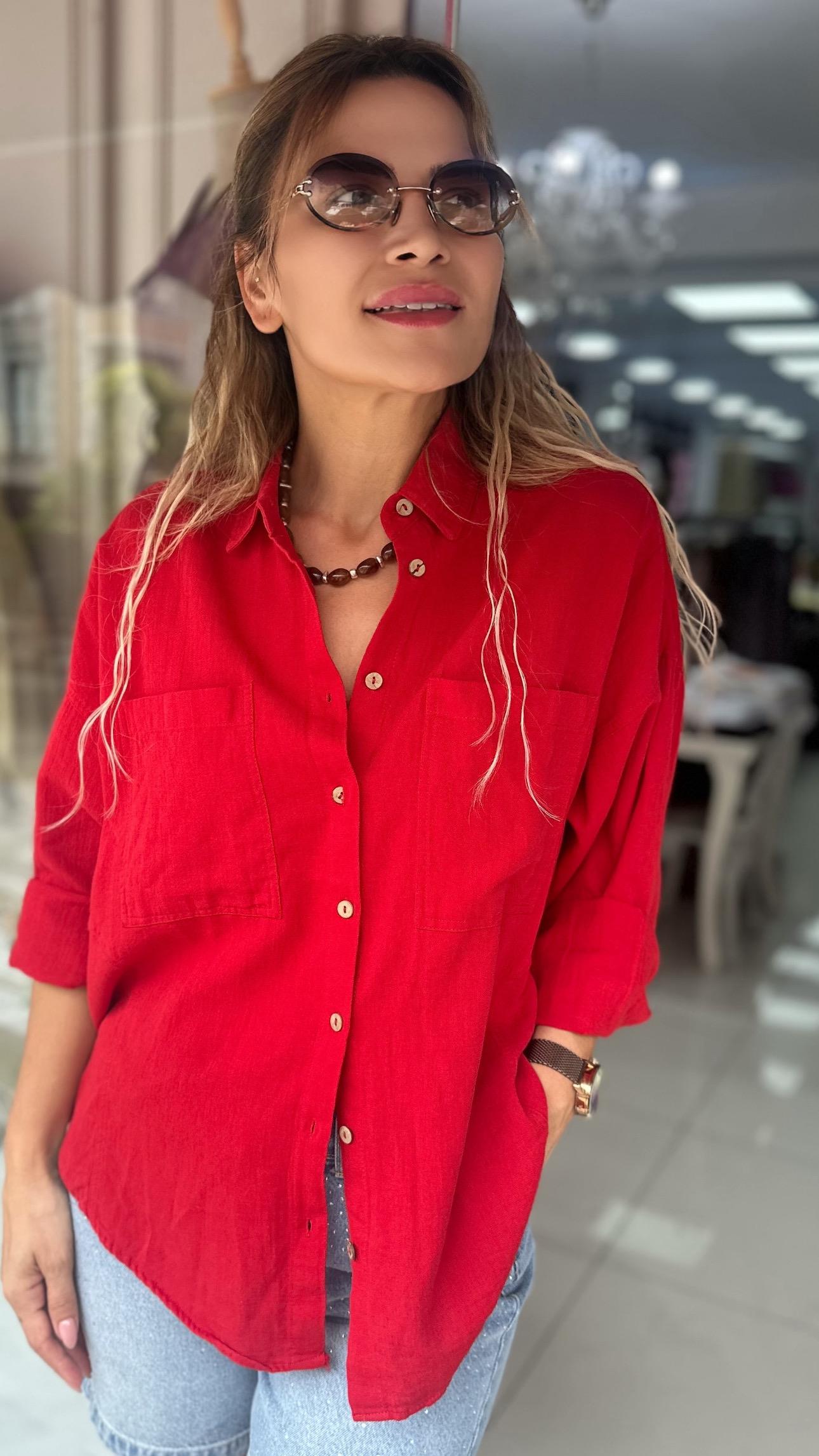 Kırmızı Pamuk Keten Gömlek 