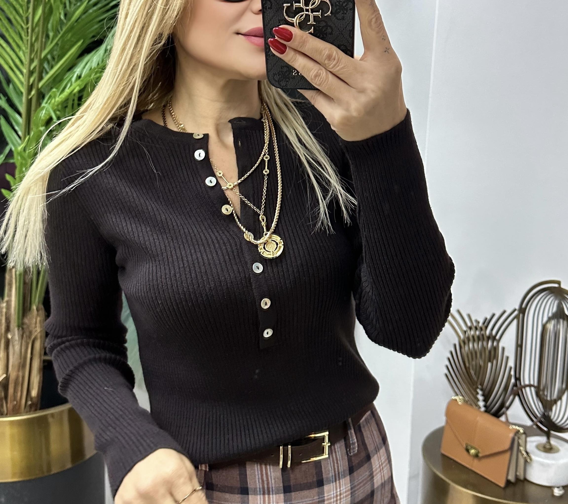 Koyu Kahve Bisiklet Yaka Yünlü Düğmeli Triko Kazak